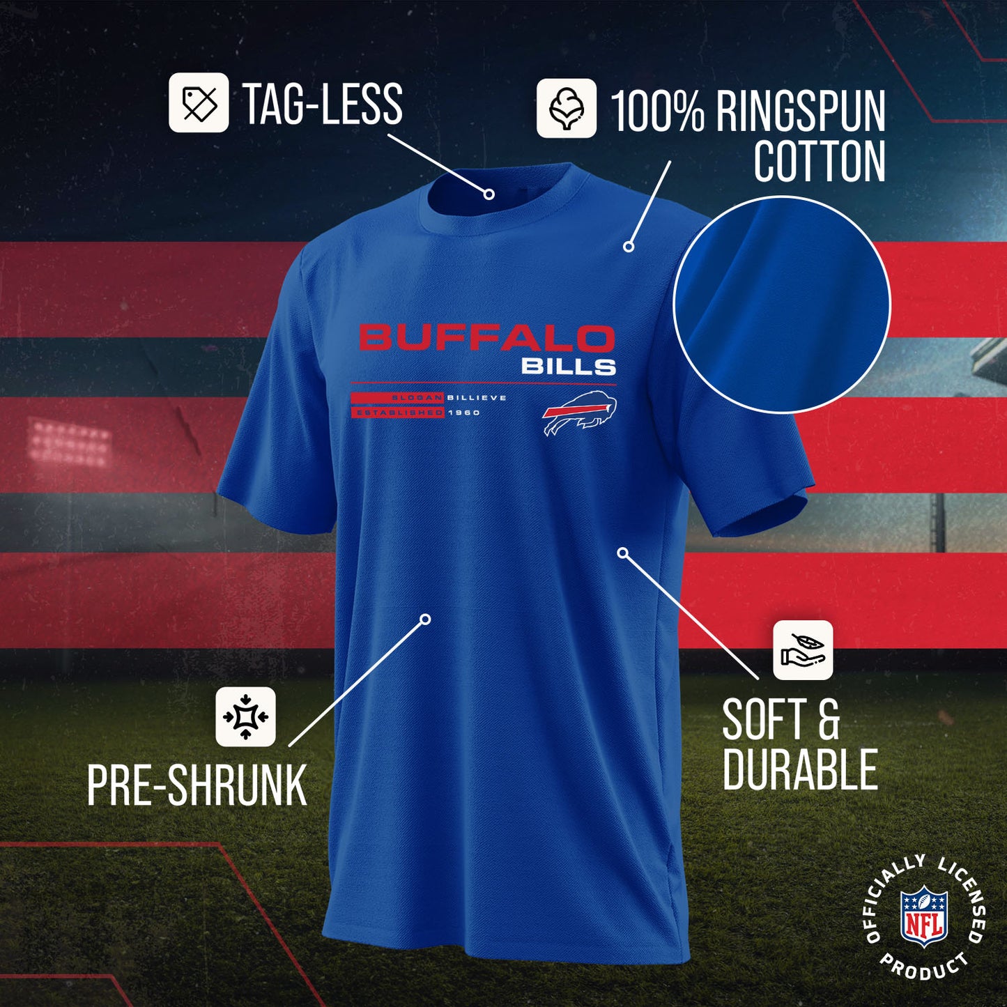 Buffalo Bills Adult NFL Speed Stat Sheet T-Shirt - Royal