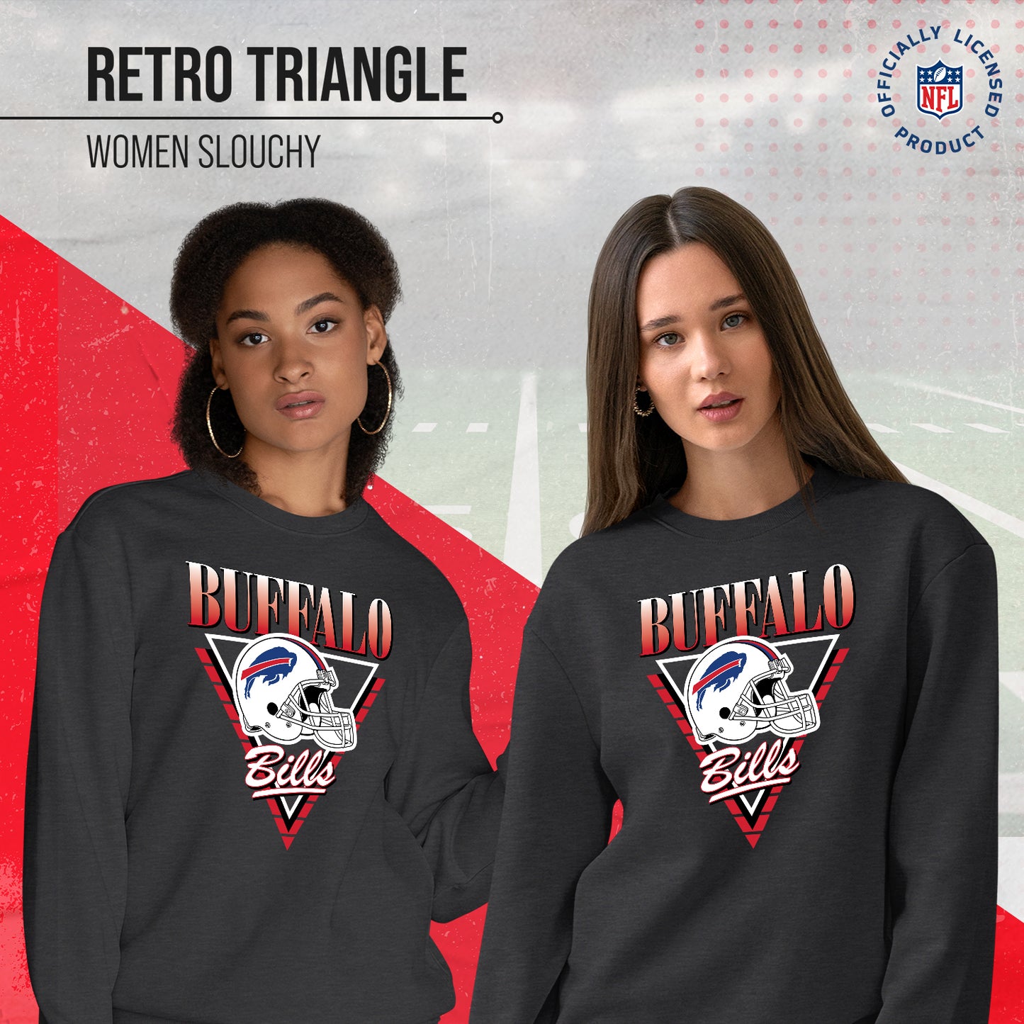 Buffalo Bills NFL Womens Retro Triangle Slouchy Crewneck - Heather Charcoal