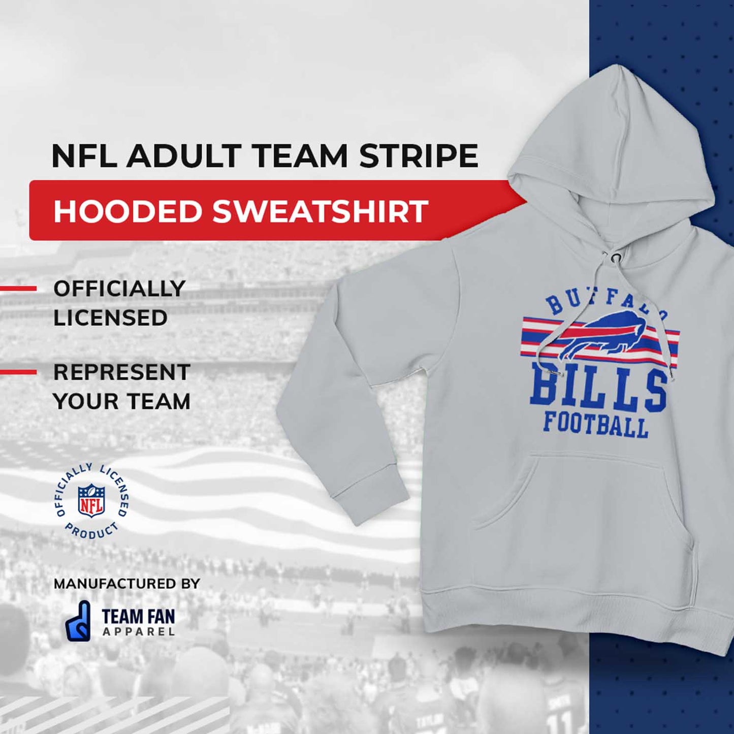 Buffalo Bills NFL Team Stripe Hooded Sweatshirt- Soft Pullover Sports Hoodie For Men & Women - Sport Gray