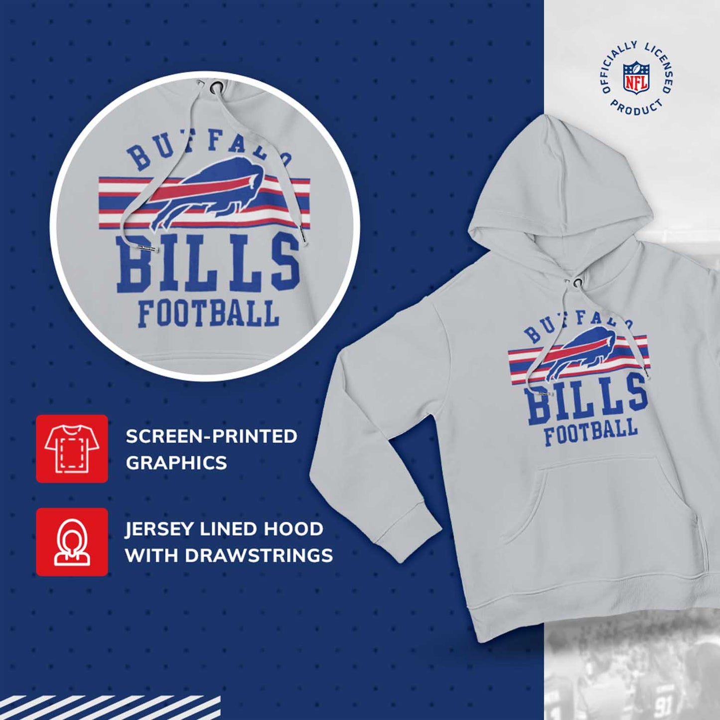 Buffalo Bills NFL Team Stripe Hooded Sweatshirt- Soft Pullover Sports Hoodie For Men & Women - Sport Gray