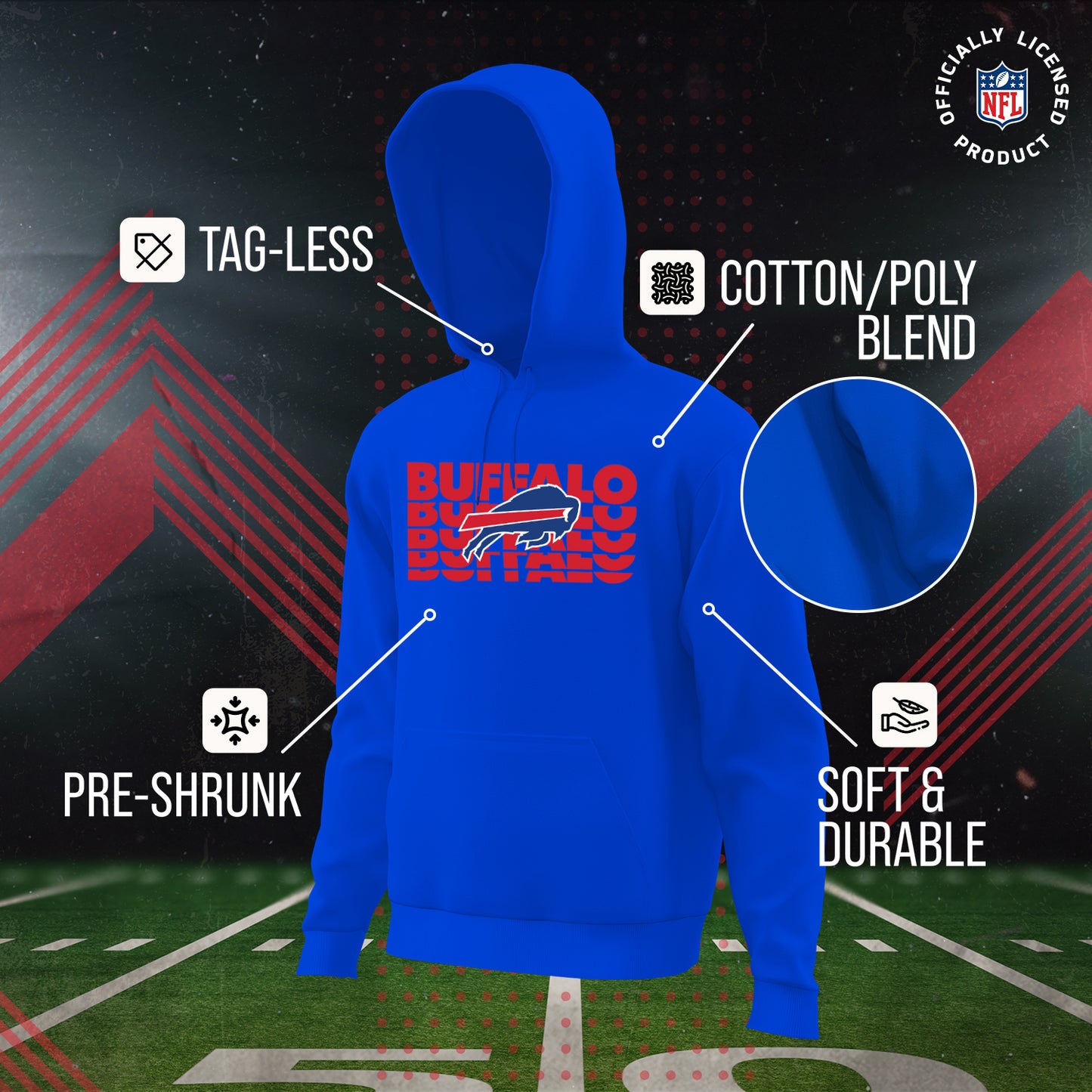 Buffalo Bills NFL Youth Repeating Logo Football Fleece Hooded Sweatshirt - Royal