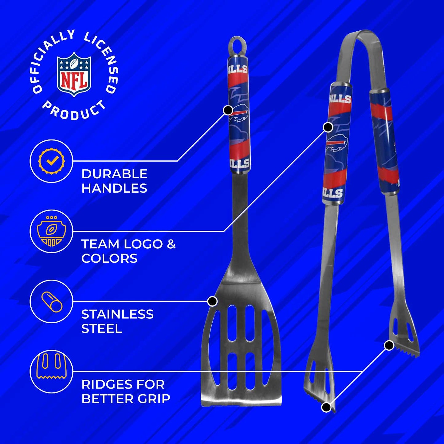 Buffalo Bills NFL Two Piece Grilling Tools Set with 2 Magnet Chip Clips - Chrome