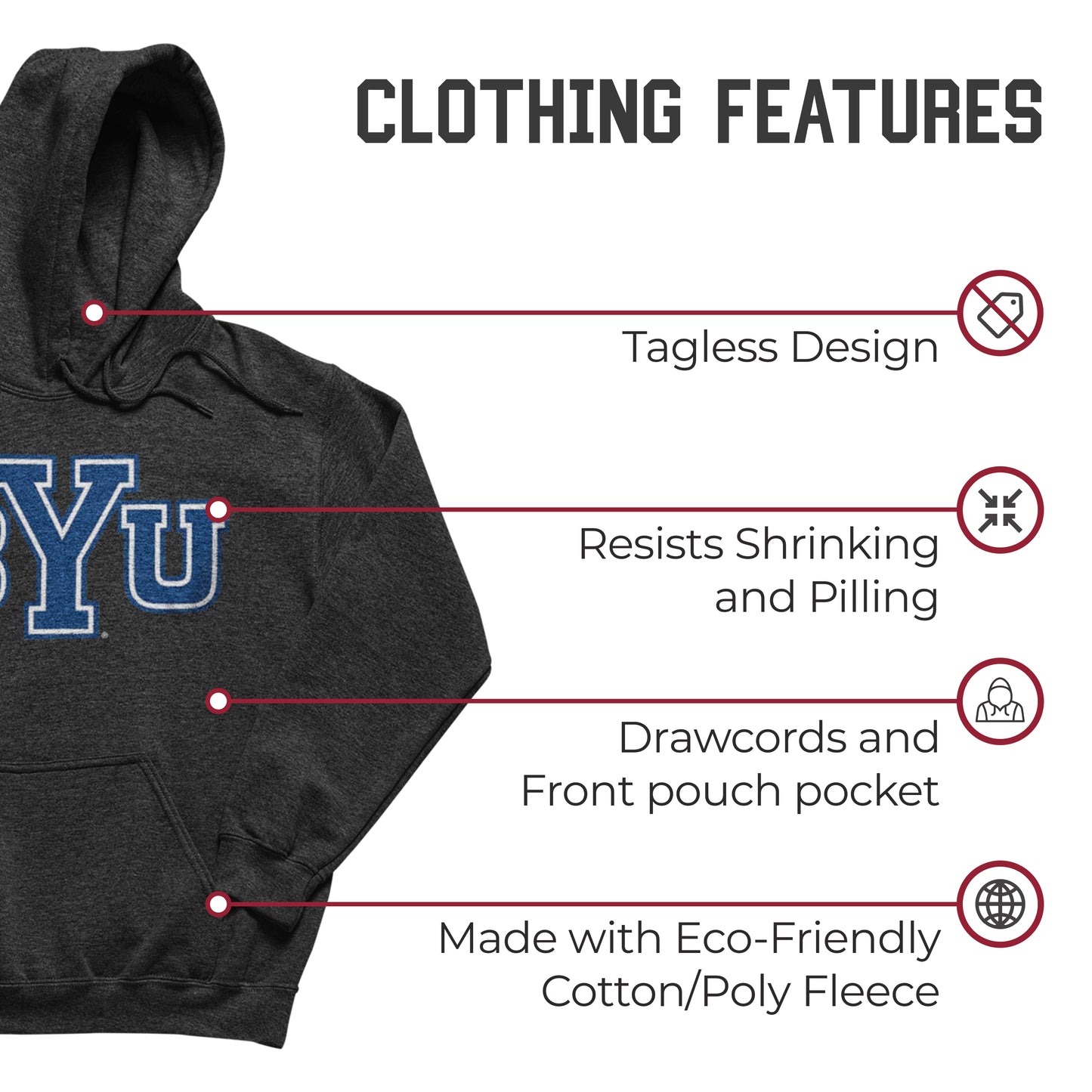 BYU Cougars NCAA Adult Cotton Blend Charcoal Hooded Sweatshirt - Charcoal