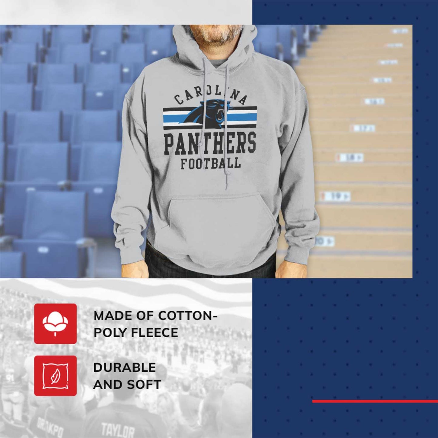 Carolina Panthers NFL Team Stripe Hooded Sweatshirt- Soft Pullover Sports Hoodie For Men & Women - Sport Gray