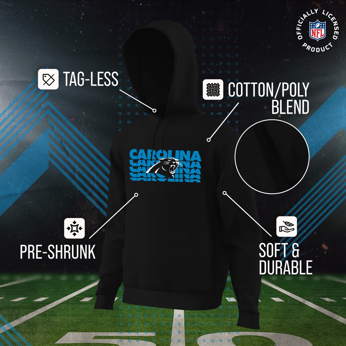 Carolina Panthers NFL Youth Repeating Logo Football Fleece Hooded Sweatshirt - Black