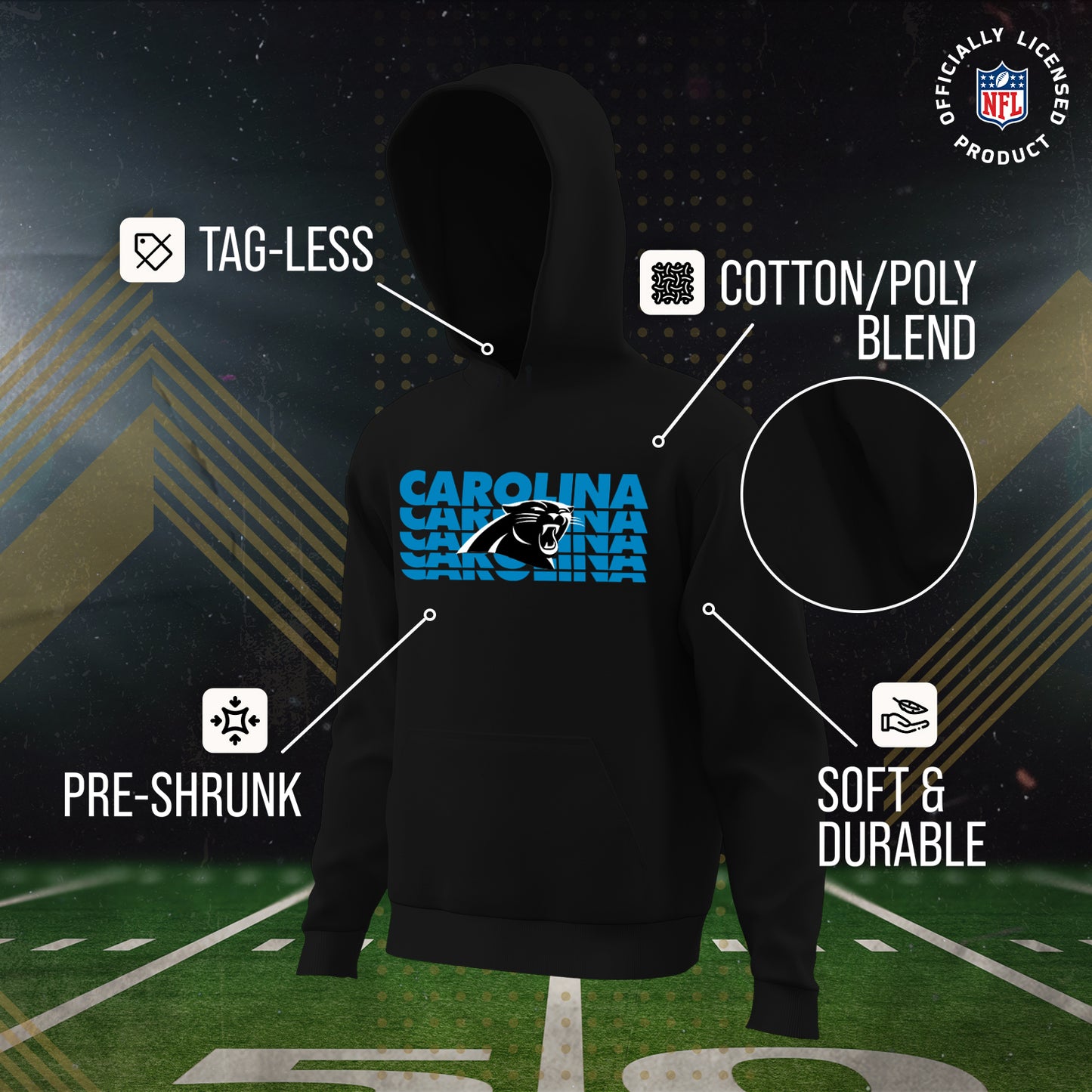 Carolina Panthers NFL Youth Repeating Logo Football Fleece Hooded Sweatshirt - Black