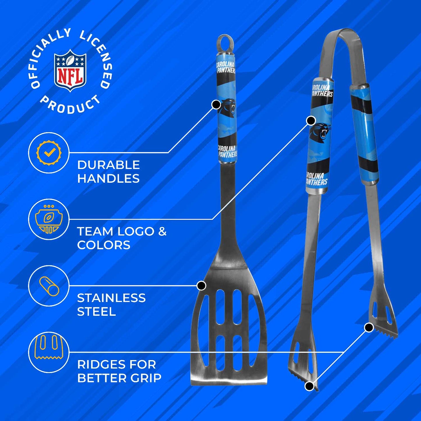Carolina Panthers NFL Two Piece Grilling Tools Set with 2 Magnet Chip Clips - Chrome