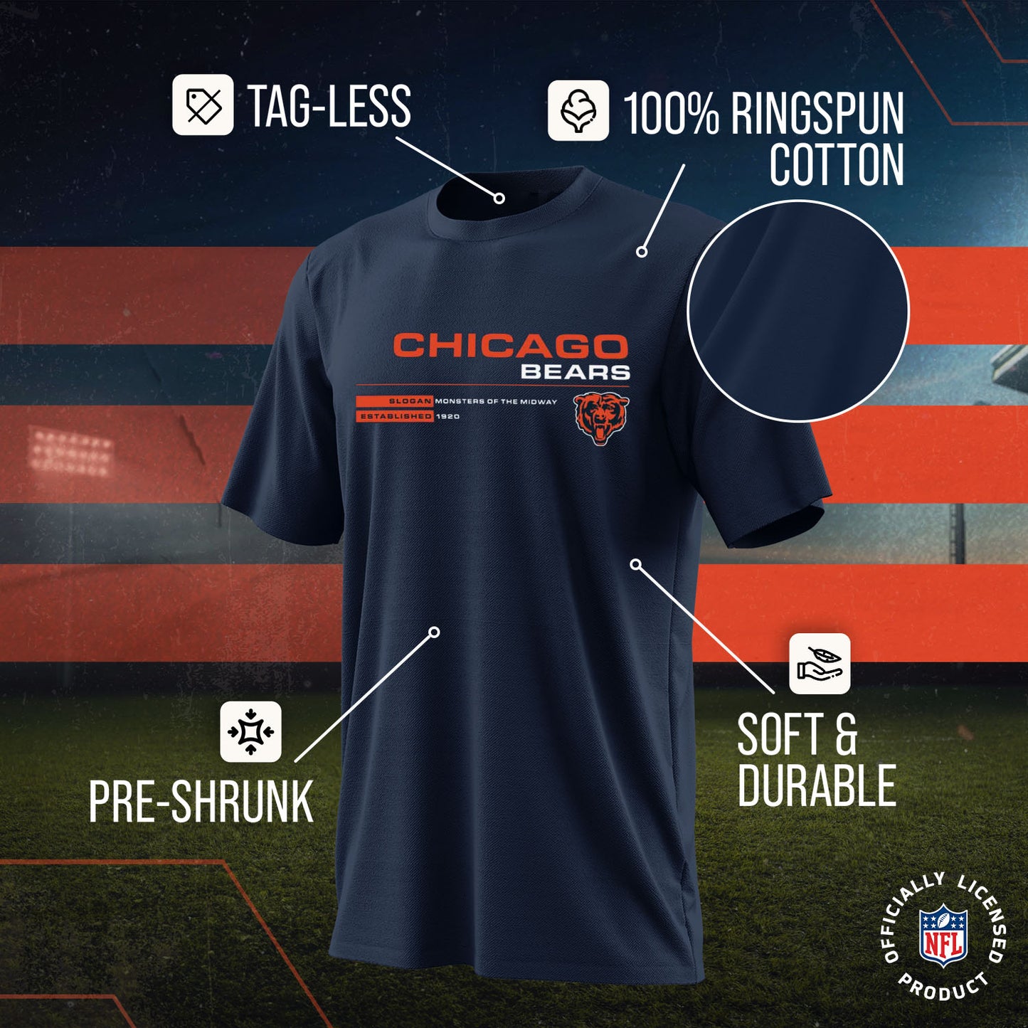 Chicago Bears Adult NFL Speed Stat Sheet T-Shirt - Navy