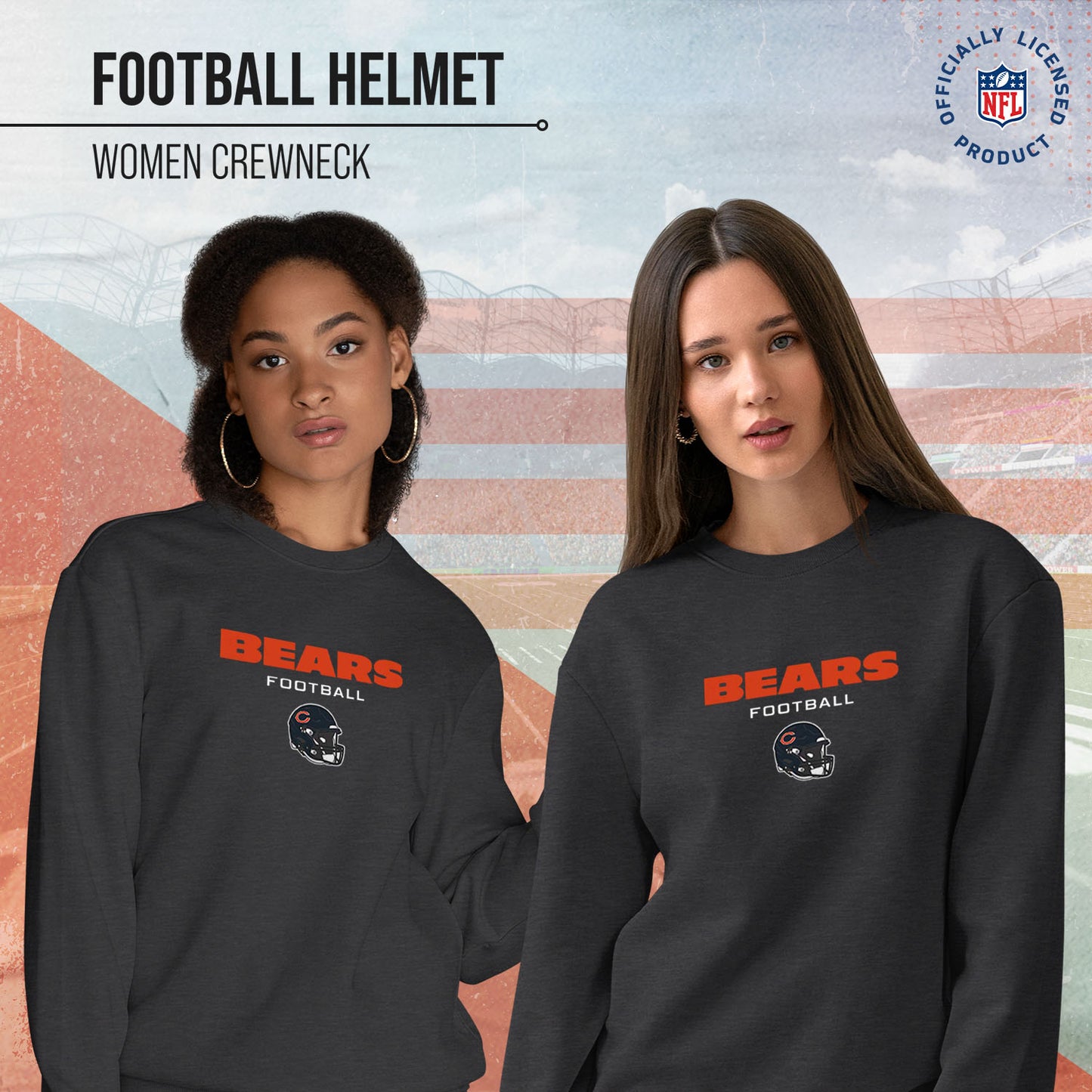 Chicago Bears Women's NFL Football Helmet Charcoal Slouchy Crewneck -Tagless Lightweight Pullover - Charcoal