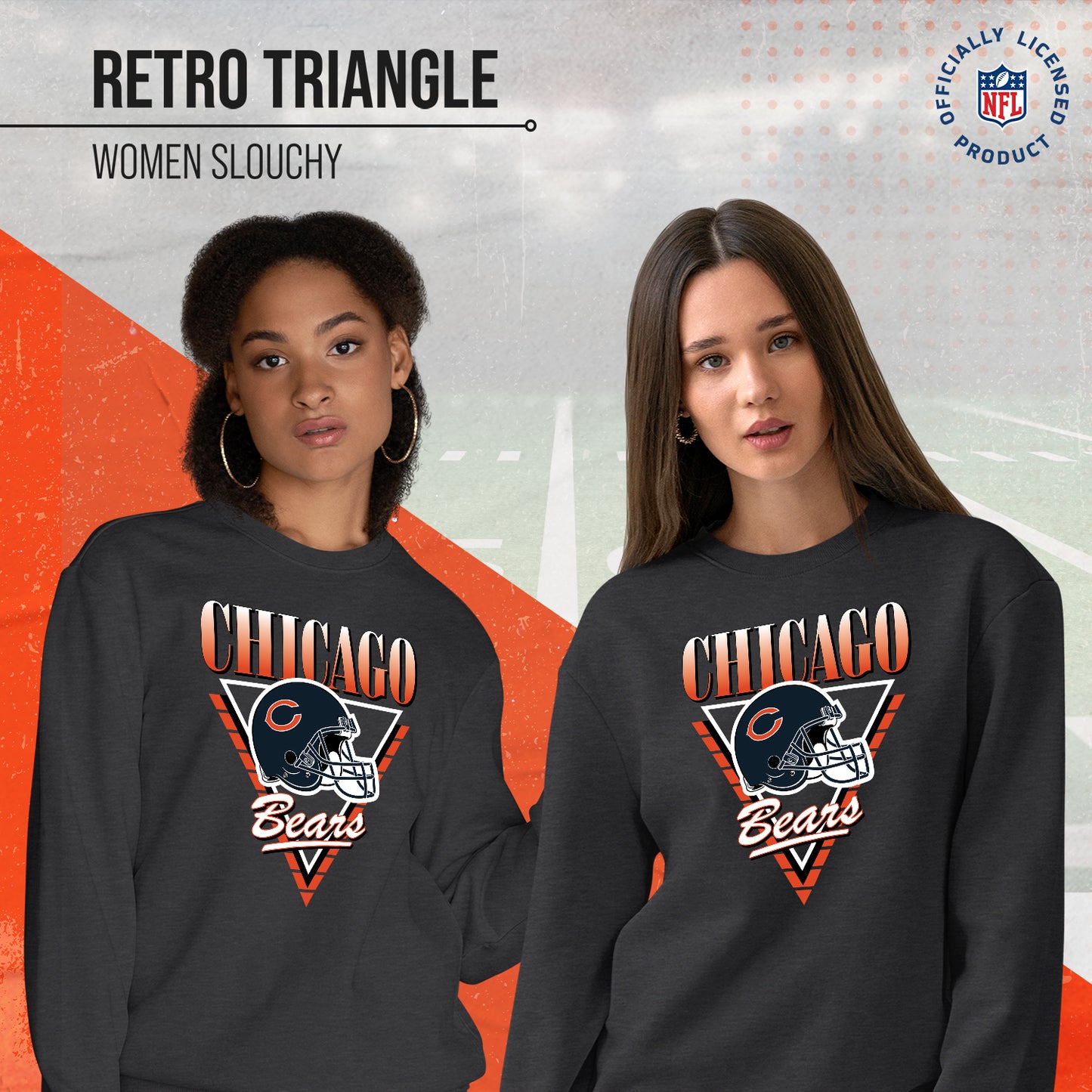 Chicago Bears NFL Womens Retro Triangle Slouchy Crewneck - Heather Charcoal