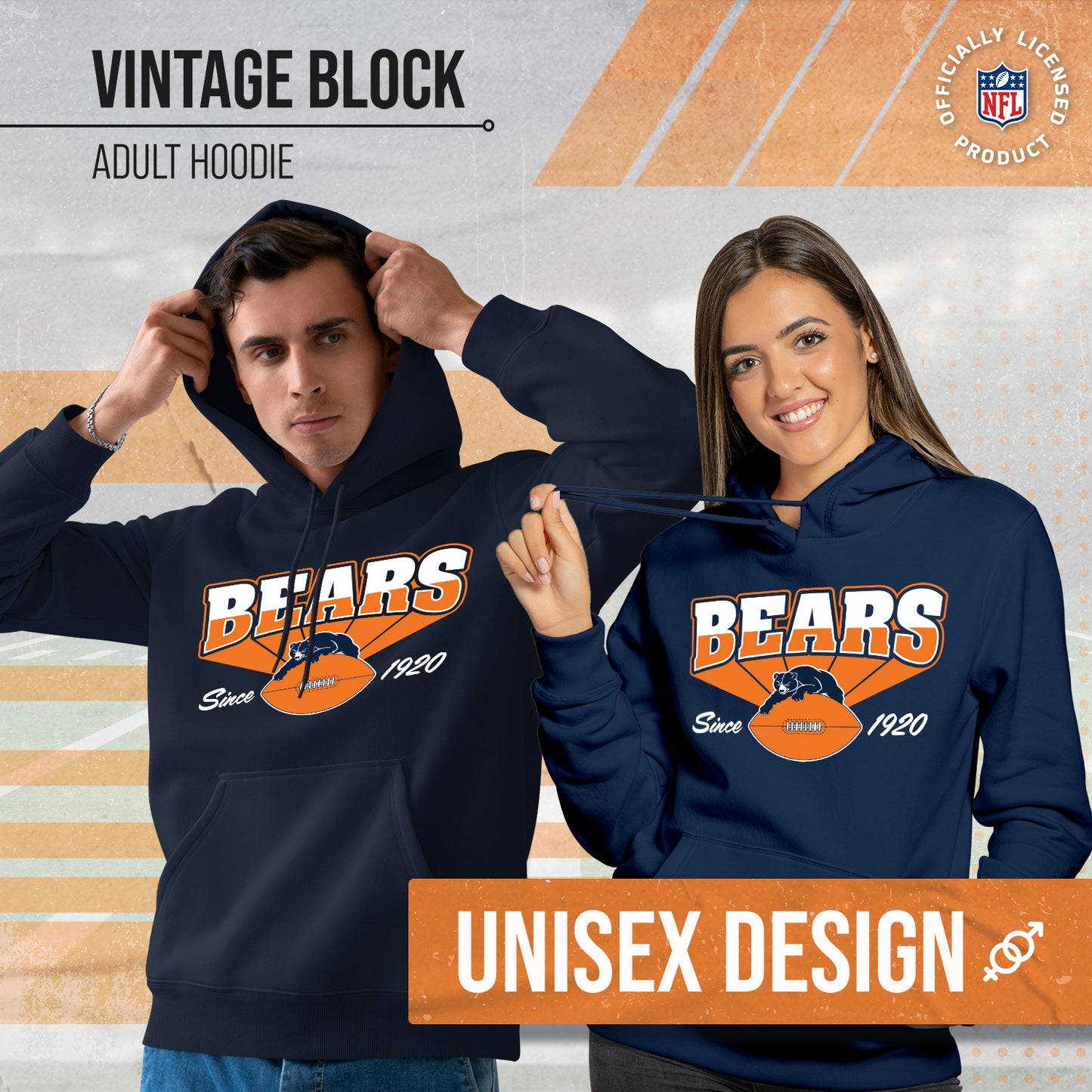 Chicago Bears NFL Adult Unisex Vintage Block Ultra Soft Fleece Hooded Sweatshirt - Navy