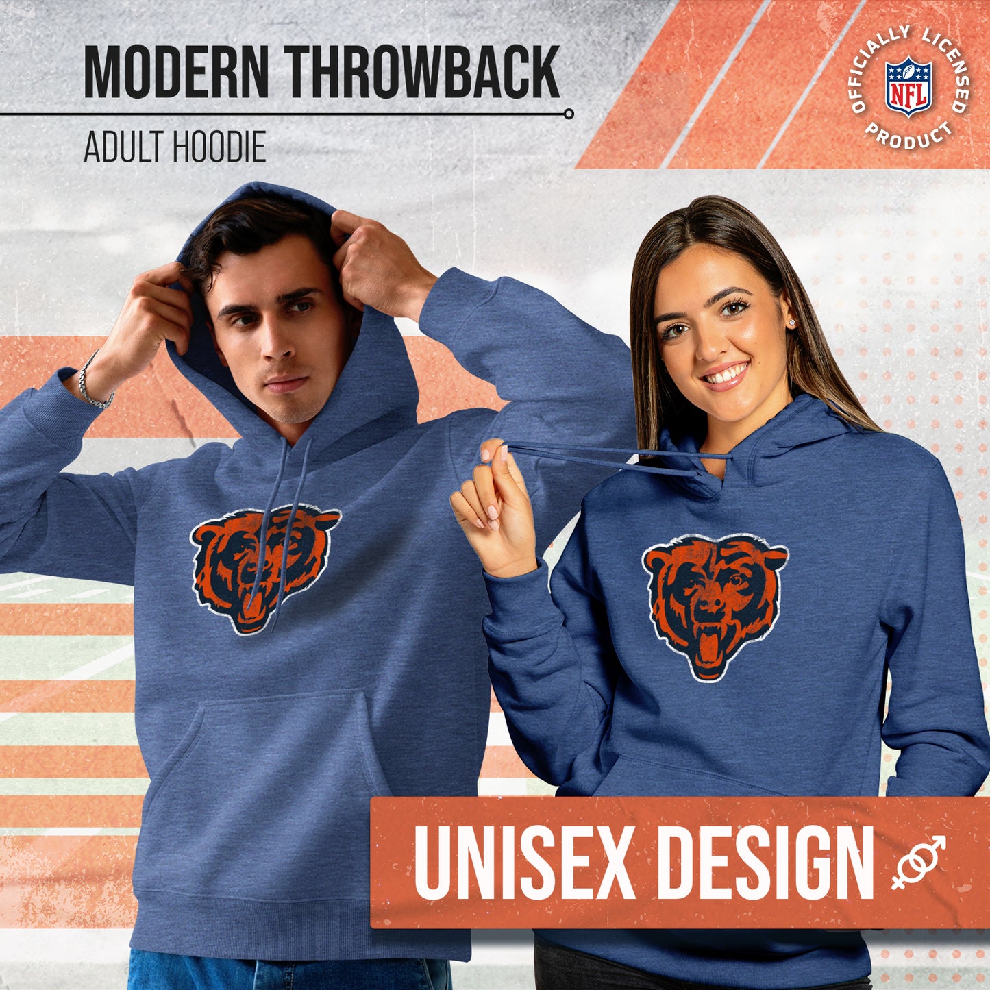 Chicago Bears NFL Adult Unisex Modern Throwback Ultra Soft Fleece Hooded Sweatshirt - Indigo/Navy