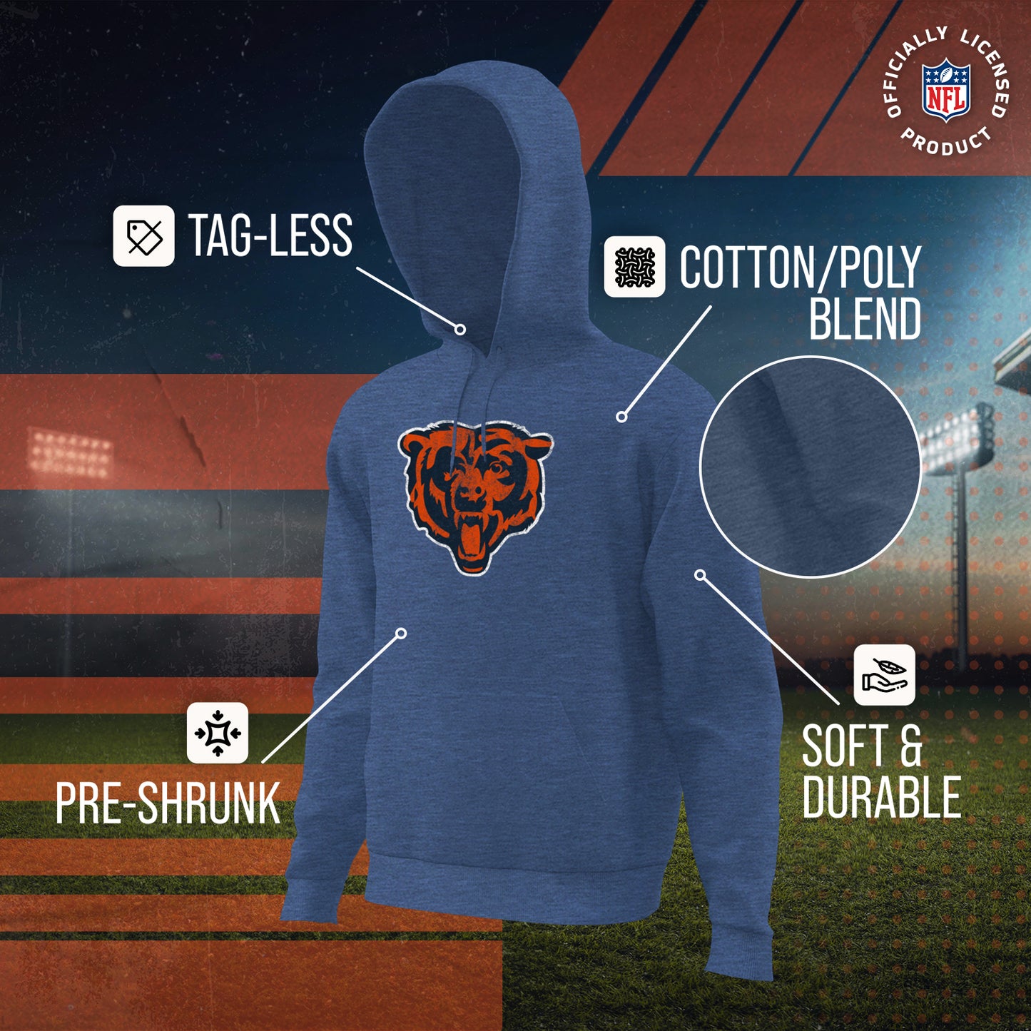 Chicago Bears NFL Adult Unisex Modern Throwback Ultra Soft Fleece Hooded Sweatshirt - Indigo/Navy