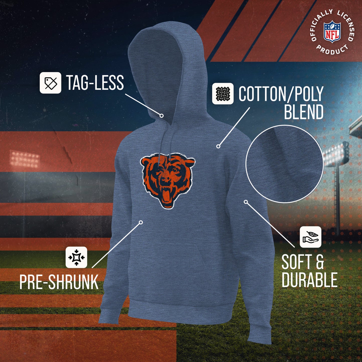 Chicago Bears NFL Adult Unisex Modern Throwback Ultra Soft Fleece Hooded Sweatshirt - Indigo/Navy