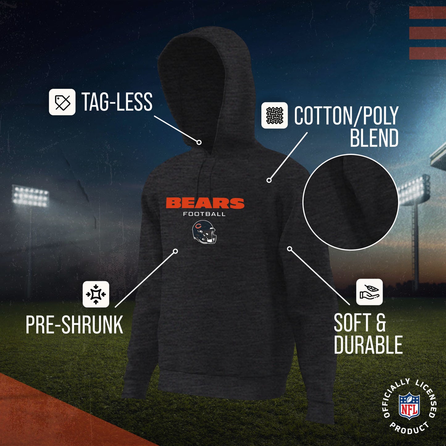 Chicago Bears Adult NFL Football Helmet Heather Hooded Sweatshirt  - Charcoal