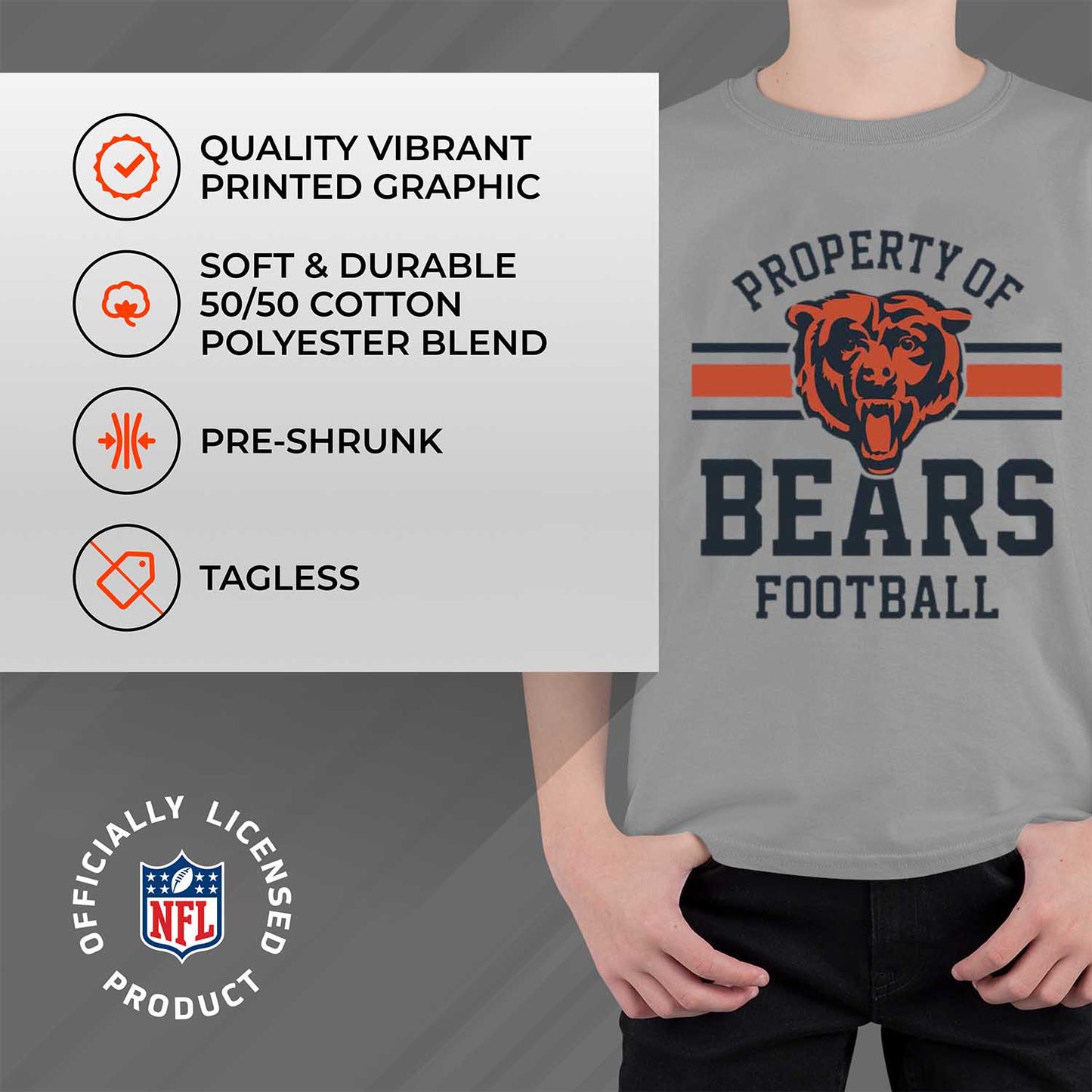 Chicago Bears NFL Youth Property Of Short Sleeve Lightweight T Shirt - Sport Gray