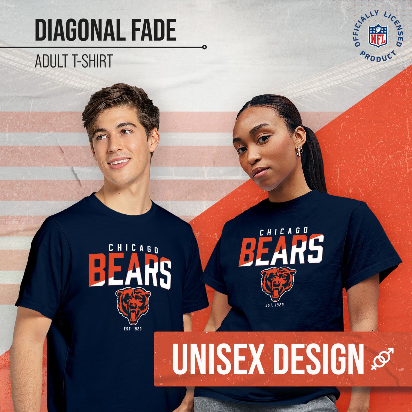 Chicago Bears Adult NFL Diagonal Fade Color Block T-Shirt - Navy