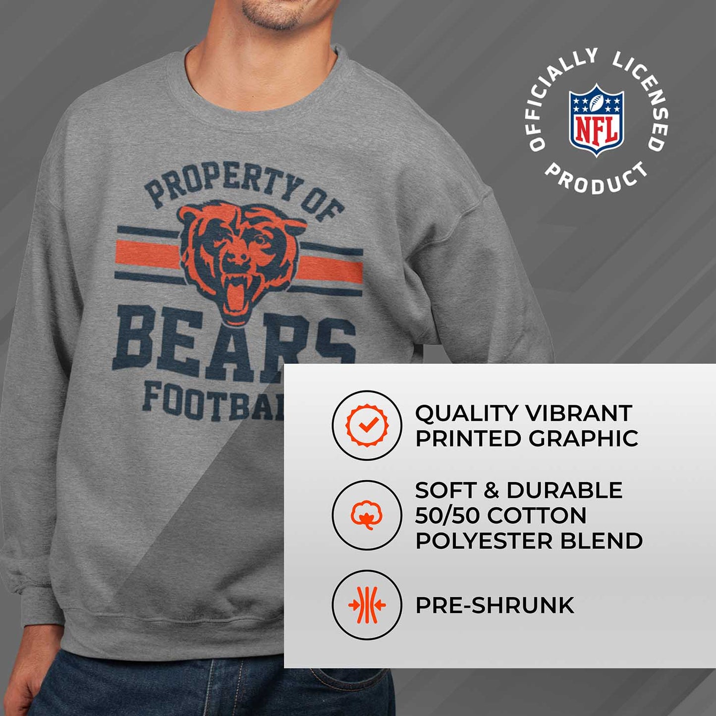 Chicago Bears NFL Adult Property Of Crewneck Fleece Sweatshirt - Sport Gray