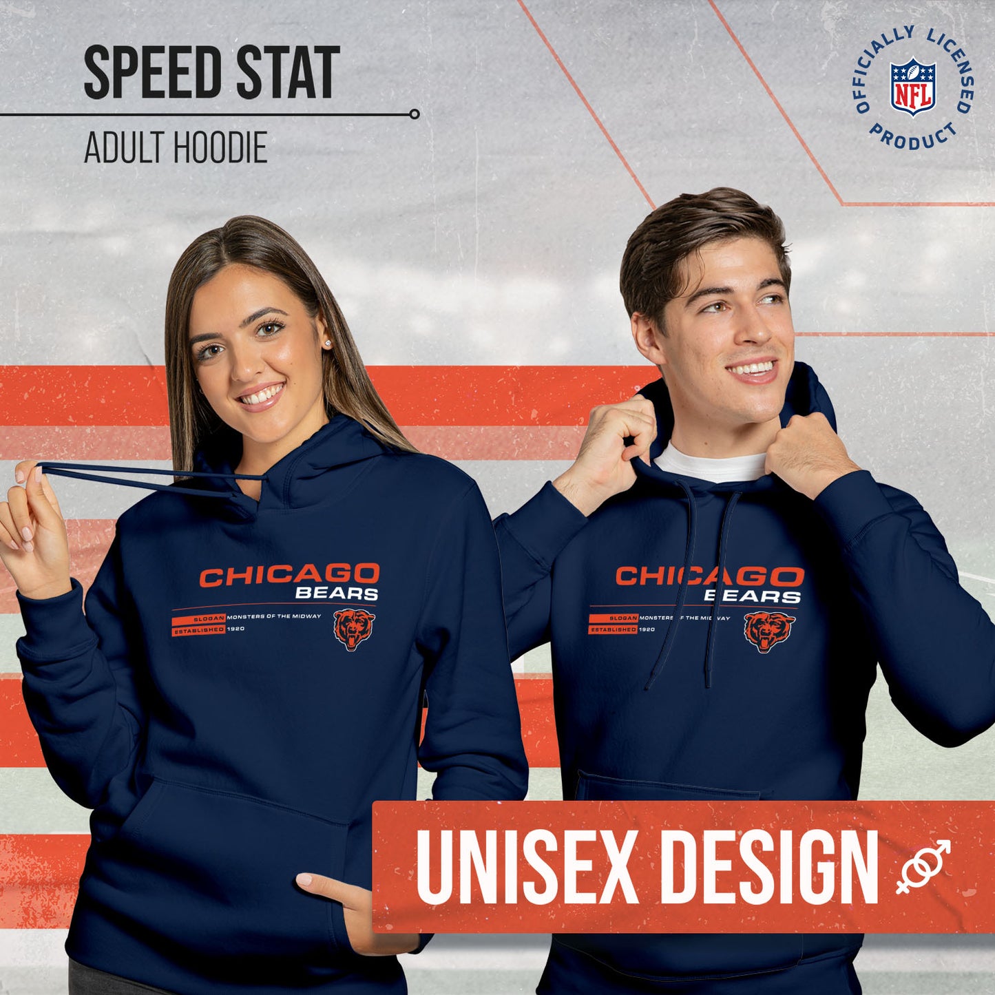 Chicago Bears Adult NFL Speed Stat Sheet Fleece Hooded Sweatshirt - Navy