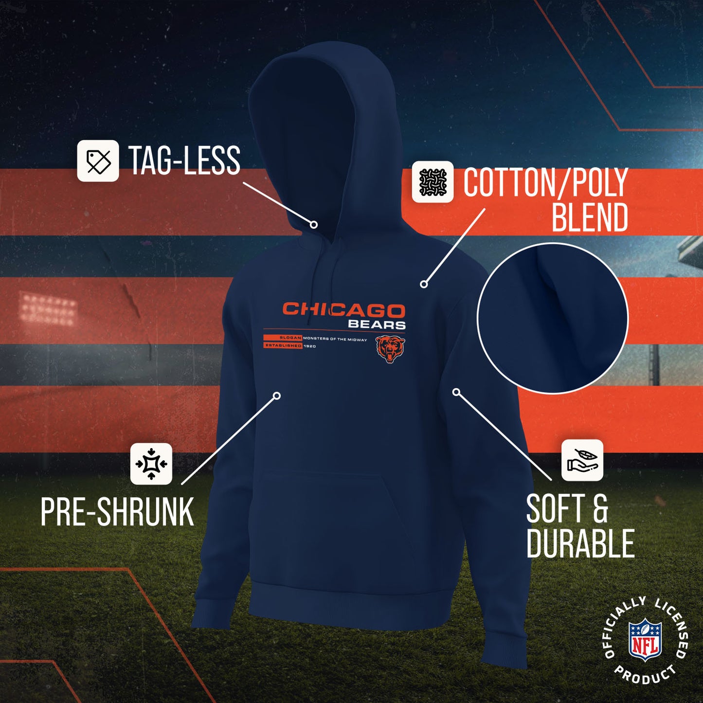 Chicago Bears Adult NFL Speed Stat Sheet Fleece Hooded Sweatshirt - Navy