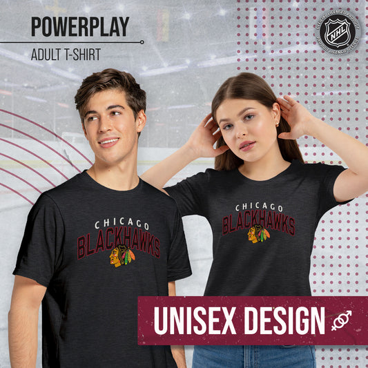 Chicago Blackhawks NHL Adult Powerplay Heathered Unisex T-Shirt - Black Heather