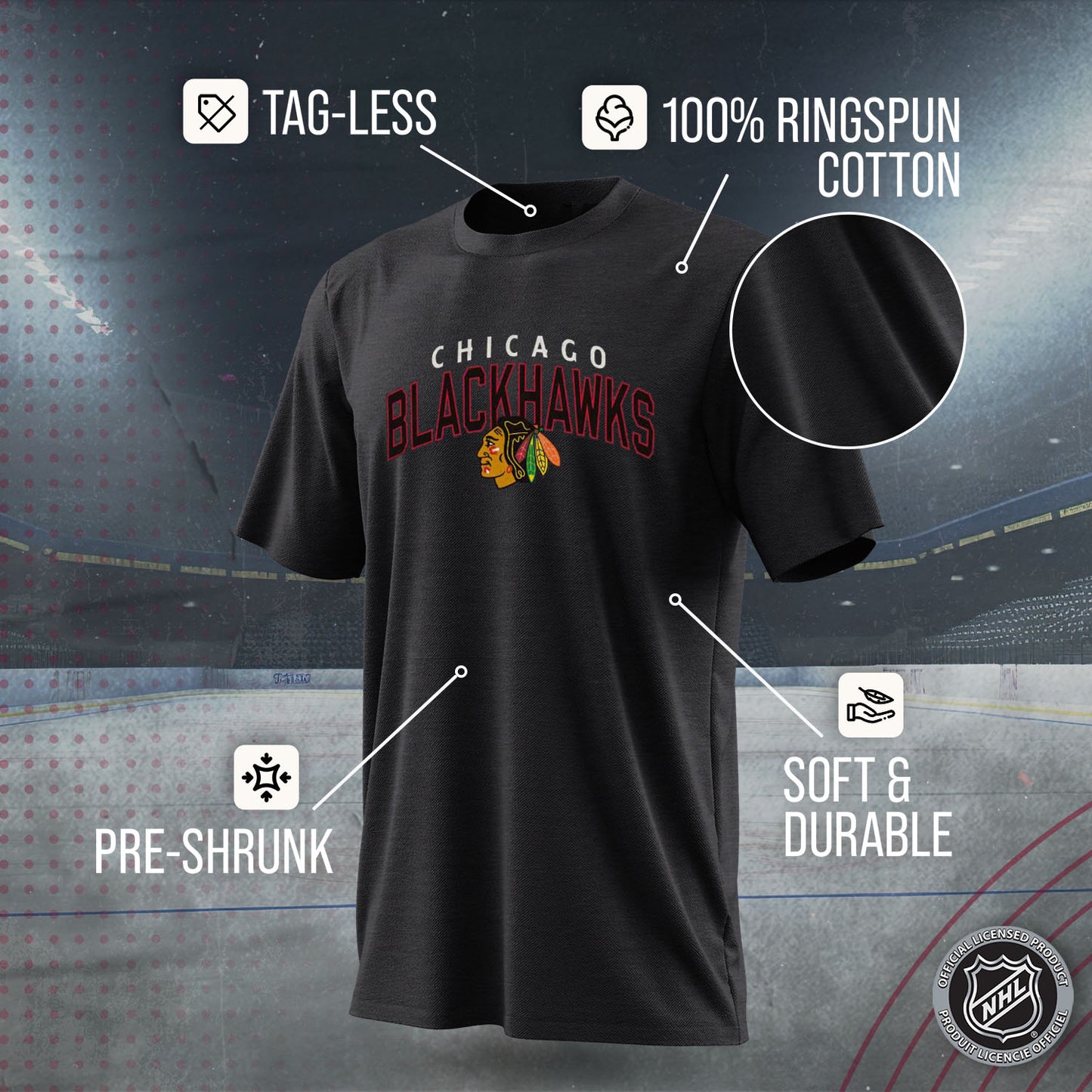 Chicago Blackhawks NHL Adult Powerplay Heathered Unisex T-Shirt - Black Heather