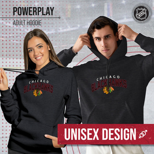 Chicago Blackhawks NHL Adult Unisex Powerplay Hooded Sweatshirt - Black Heather