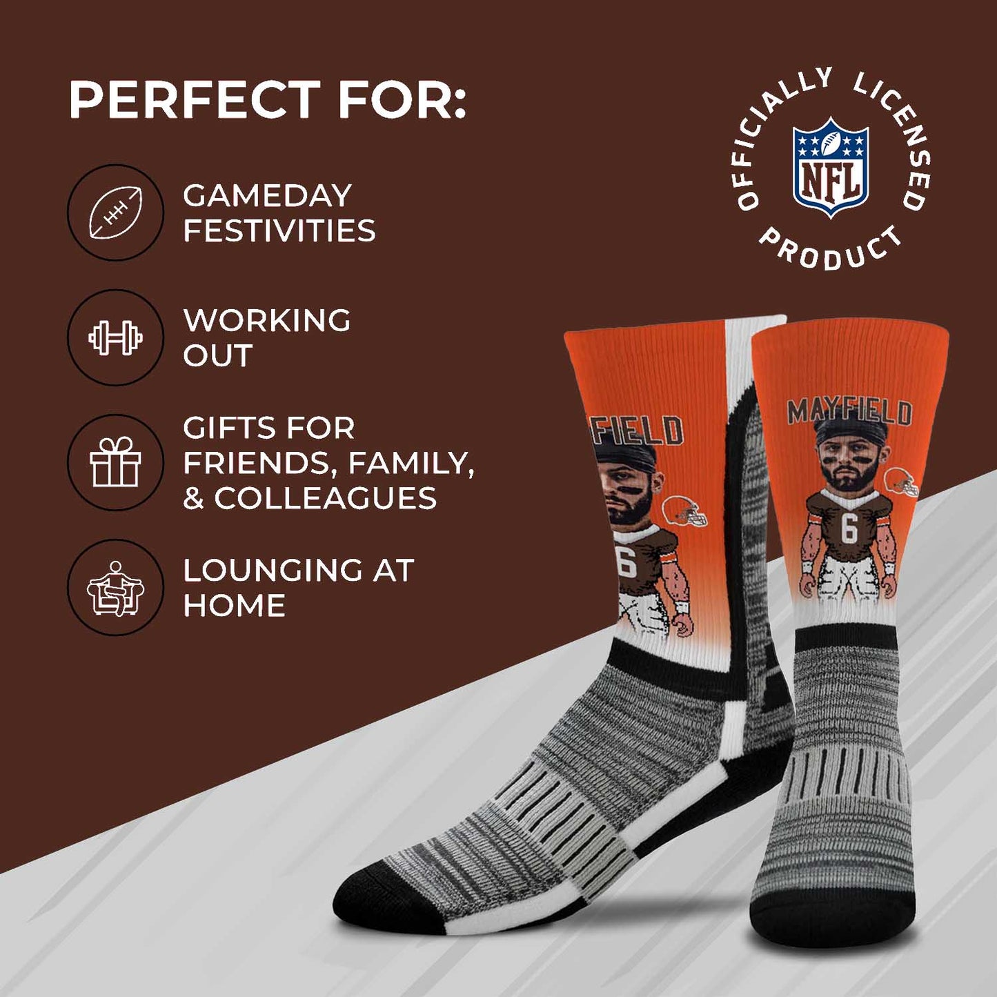 Cleveland Browns FBF NFL Youth V Curve MVP Baker Mayfield Player Crew Socks - Orange #6