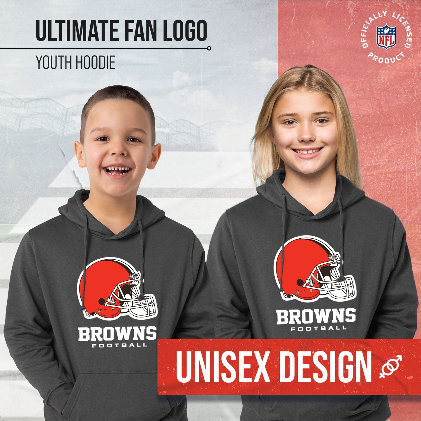 Cleveland Browns Youth NFL Ultimate Fan Logo Fleece Hooded Sweatshirt -Tagless Football Pullover For Kids - Charcoal