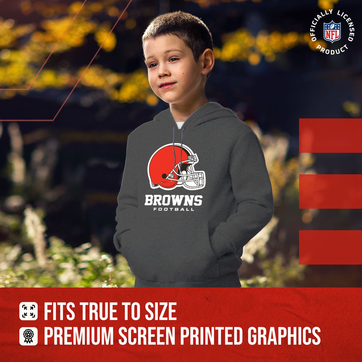 Cleveland Browns Youth NFL Ultimate Fan Logo Fleece Hooded Sweatshirt -Tagless Football Pullover For Kids - Charcoal