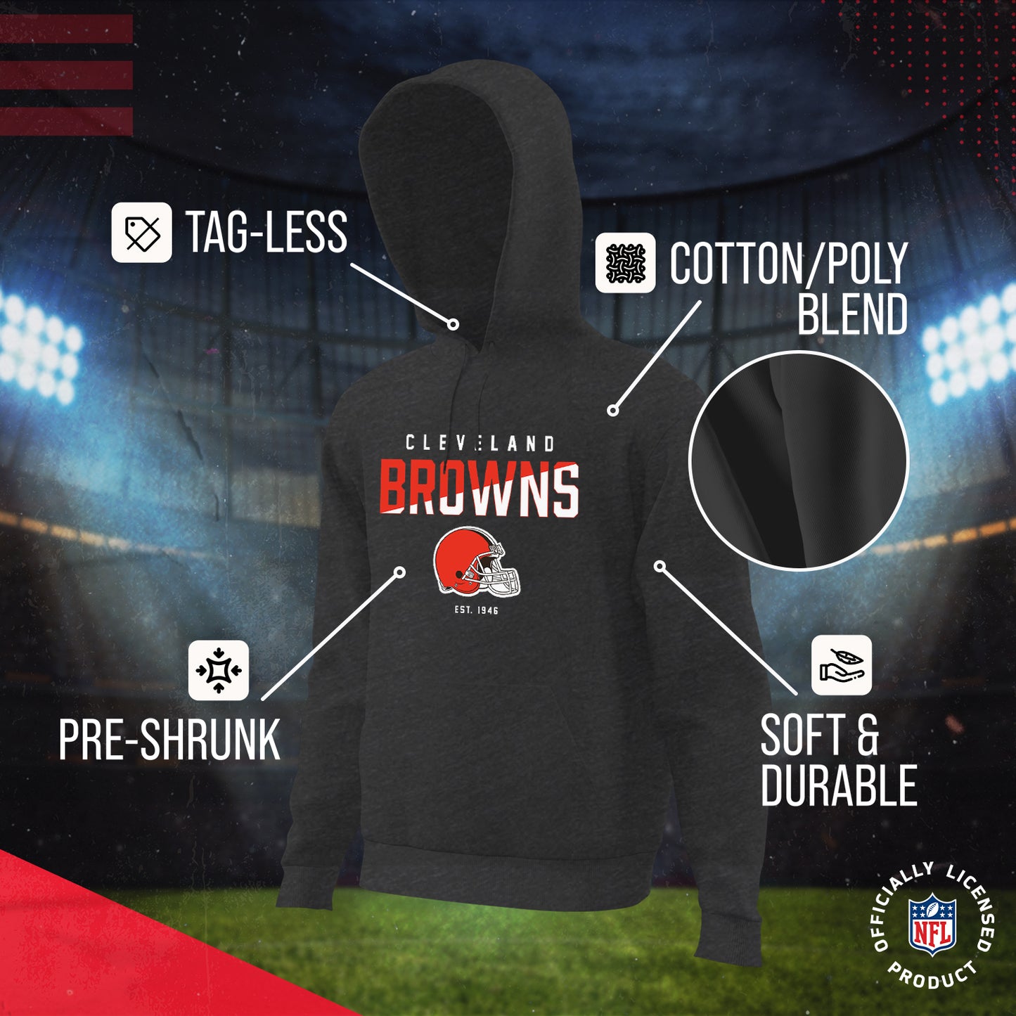 Cleveland Browns Adult NFL Diagonal Fade Fleece Hooded Sweatshirt - Charcoal