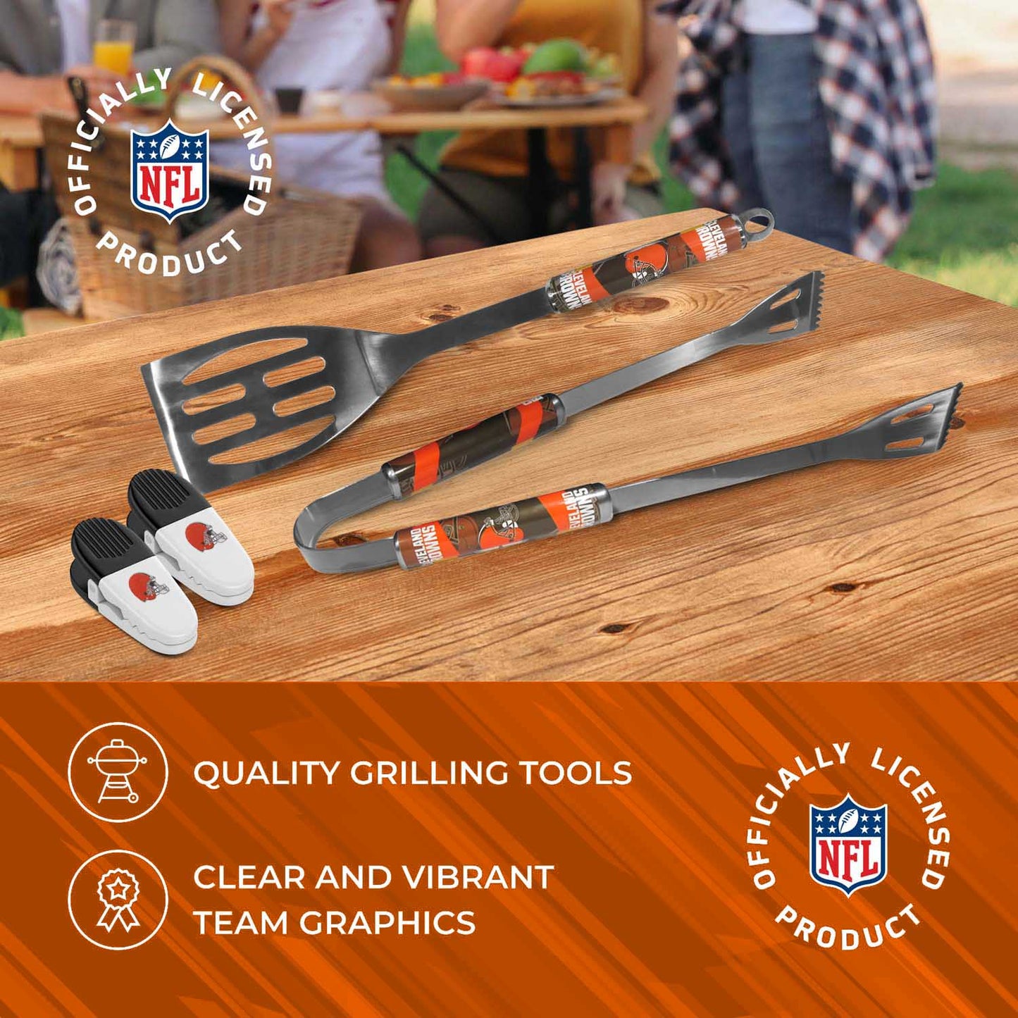 Cleveland Browns NFL Two Piece Grilling Tools Set with 2 Magnet Chip Clips - Chrome
