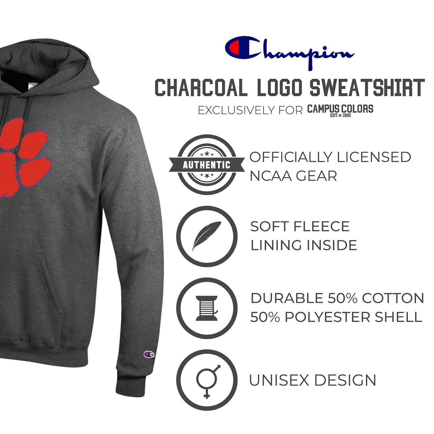 Clemson Tigers Adult Mascot Fleece Hooded Sweatshirt - Charcoal