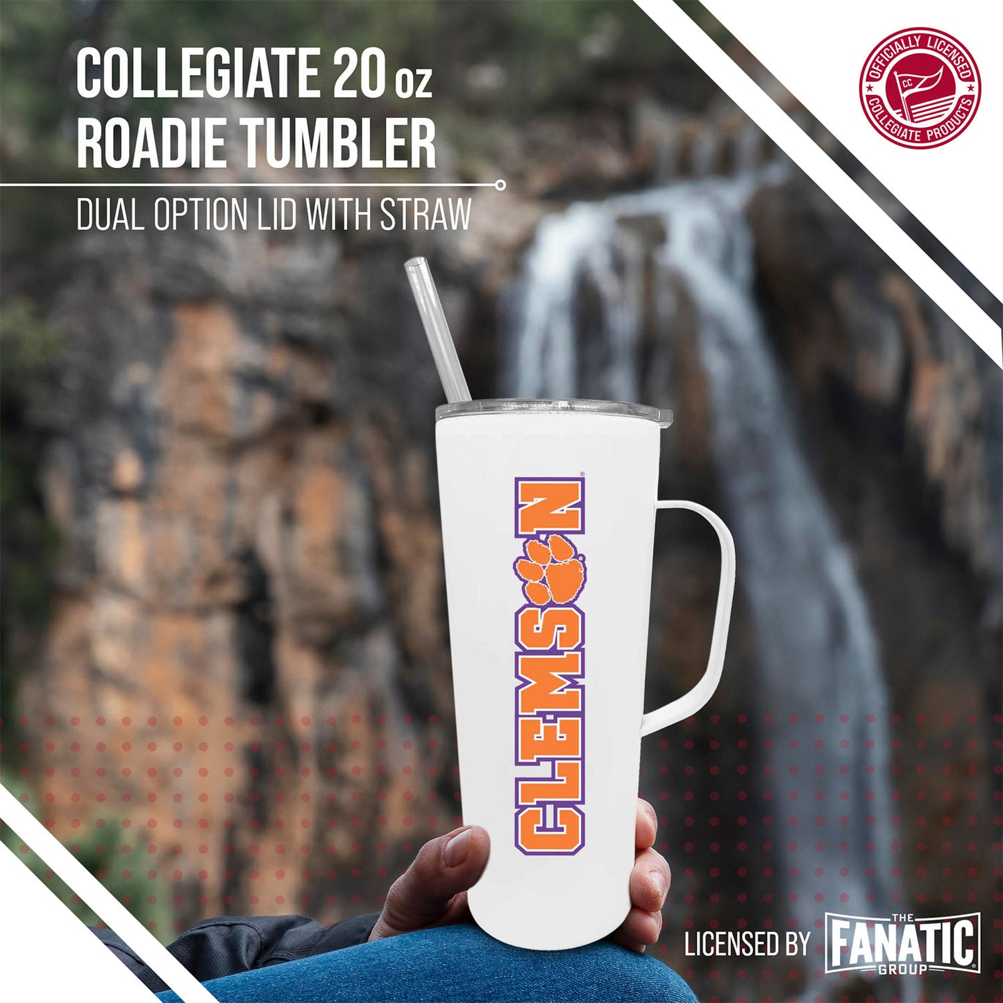 Clemson Tigers NCAA Stainless Steal 20oz Roadie With Handle & Dual Option Lid With Straw - White