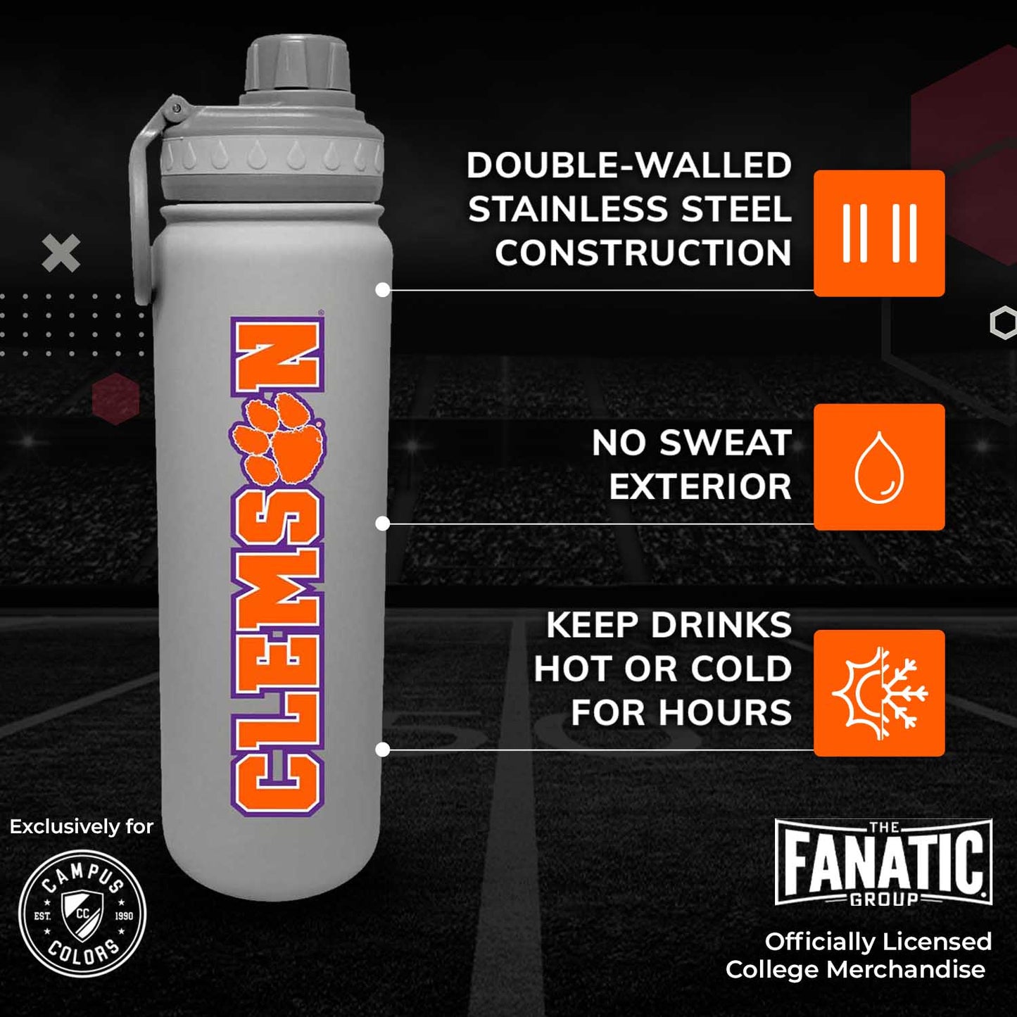 Clemson Tigers NCAA Stainless Steel Water Bottle - Sport Gray