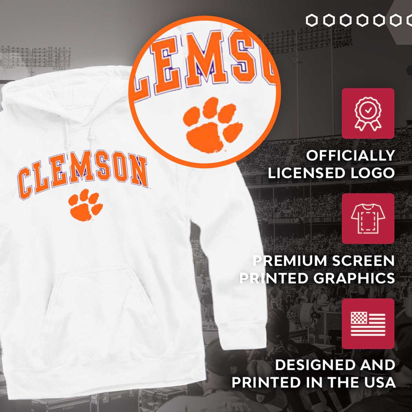 Clemson Tigers Adult Arch & Logo Soft Style Gameday Hooded Sweatshirt - White