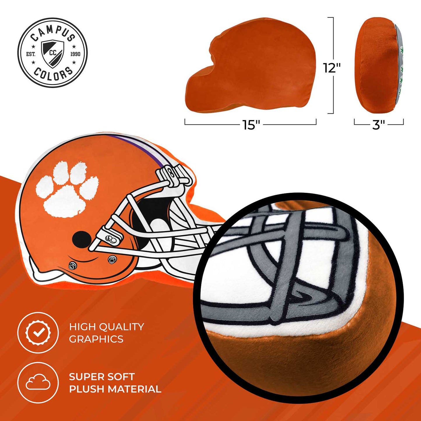 Clemson Tigers NCAA Helmet Super Soft Football Pillow - Orange