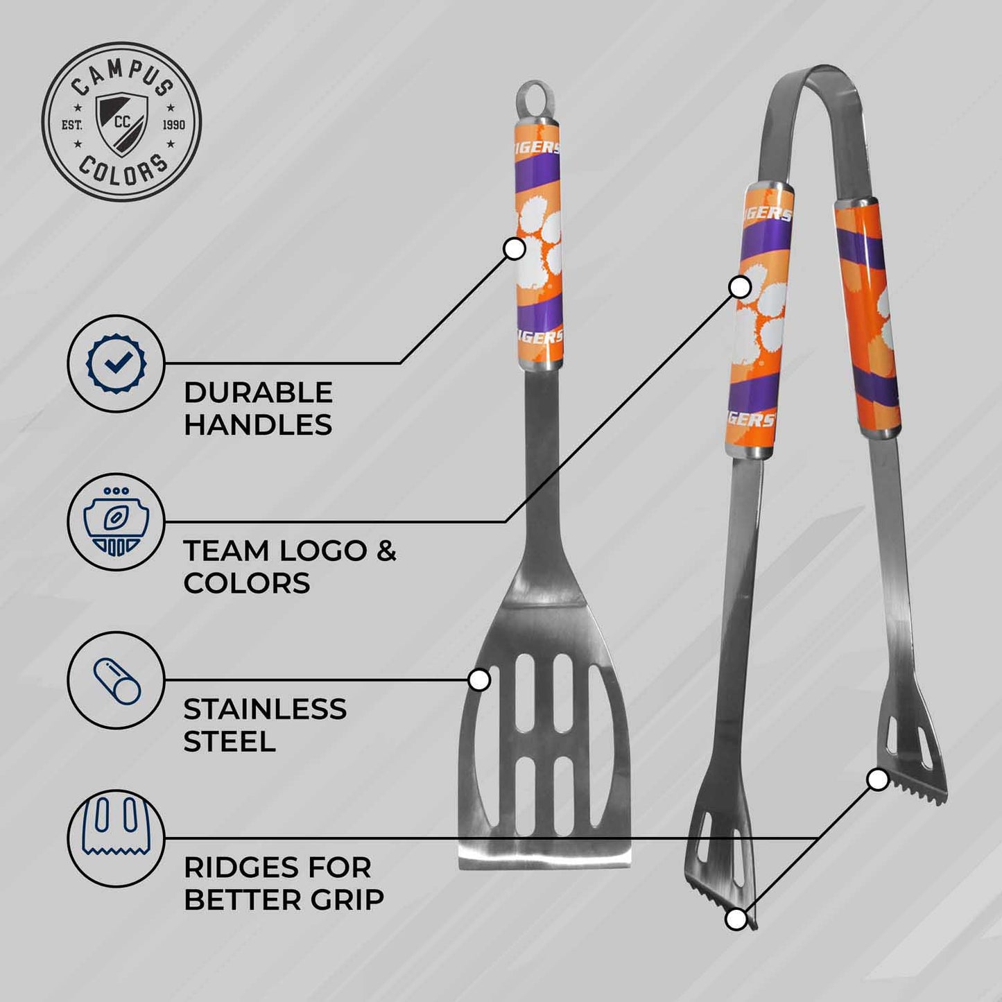 Clemson Tigers Collegiate University Two Piece Grilling Tools Set with 2 Magnet Chip Clips - Chrome