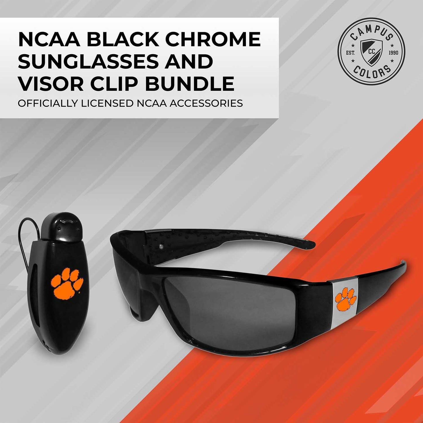 Clemson Tigers NCAA Black Chrome Sunglasses with Visor Clip Bundle - Black