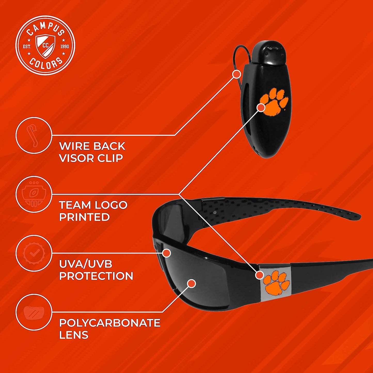 Clemson Tigers NCAA Black Chrome Sunglasses with Visor Clip Bundle - Black