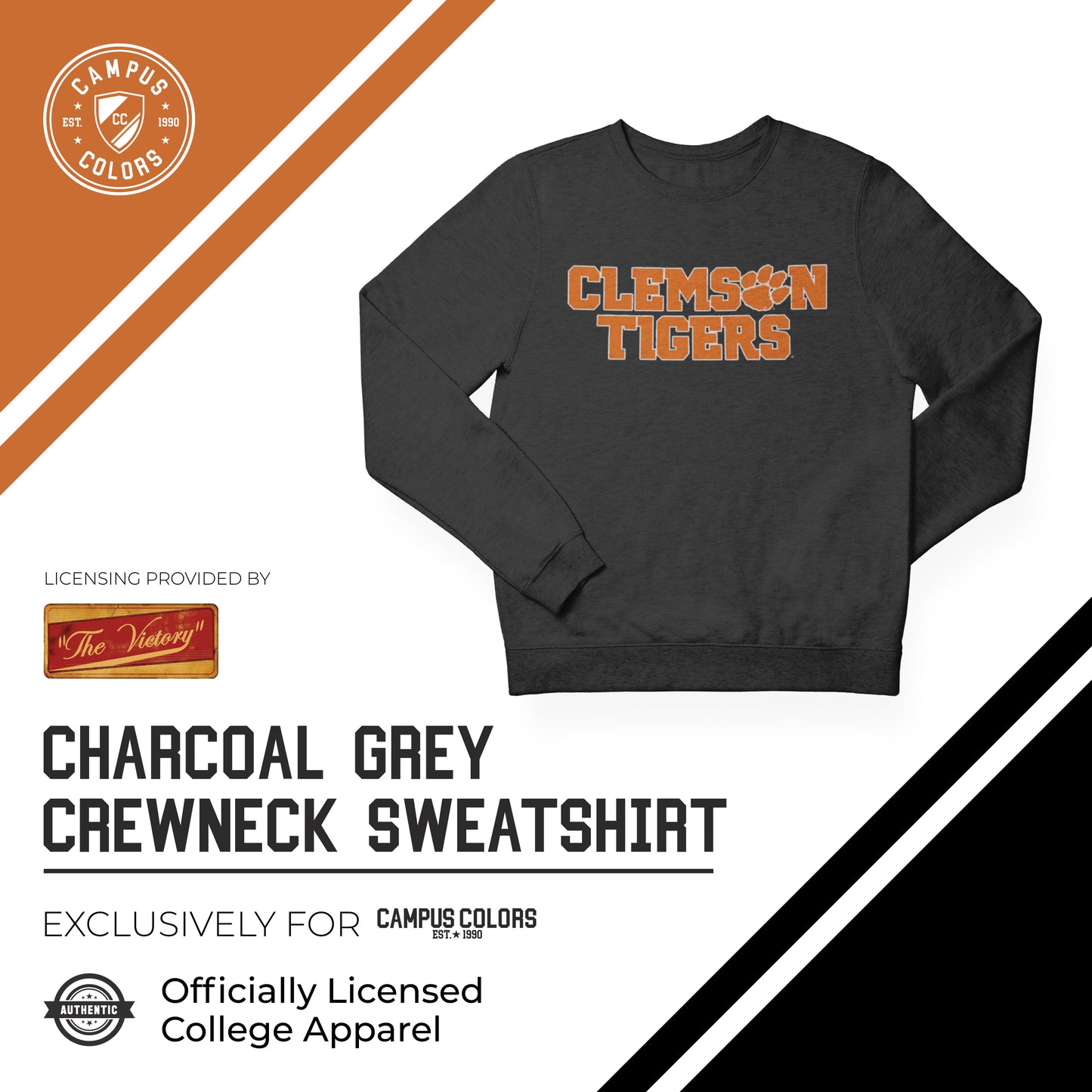 Clemson Tigers NCAA Adult Charcoal Crewneck Fleece Sweatshirt - Charcoal