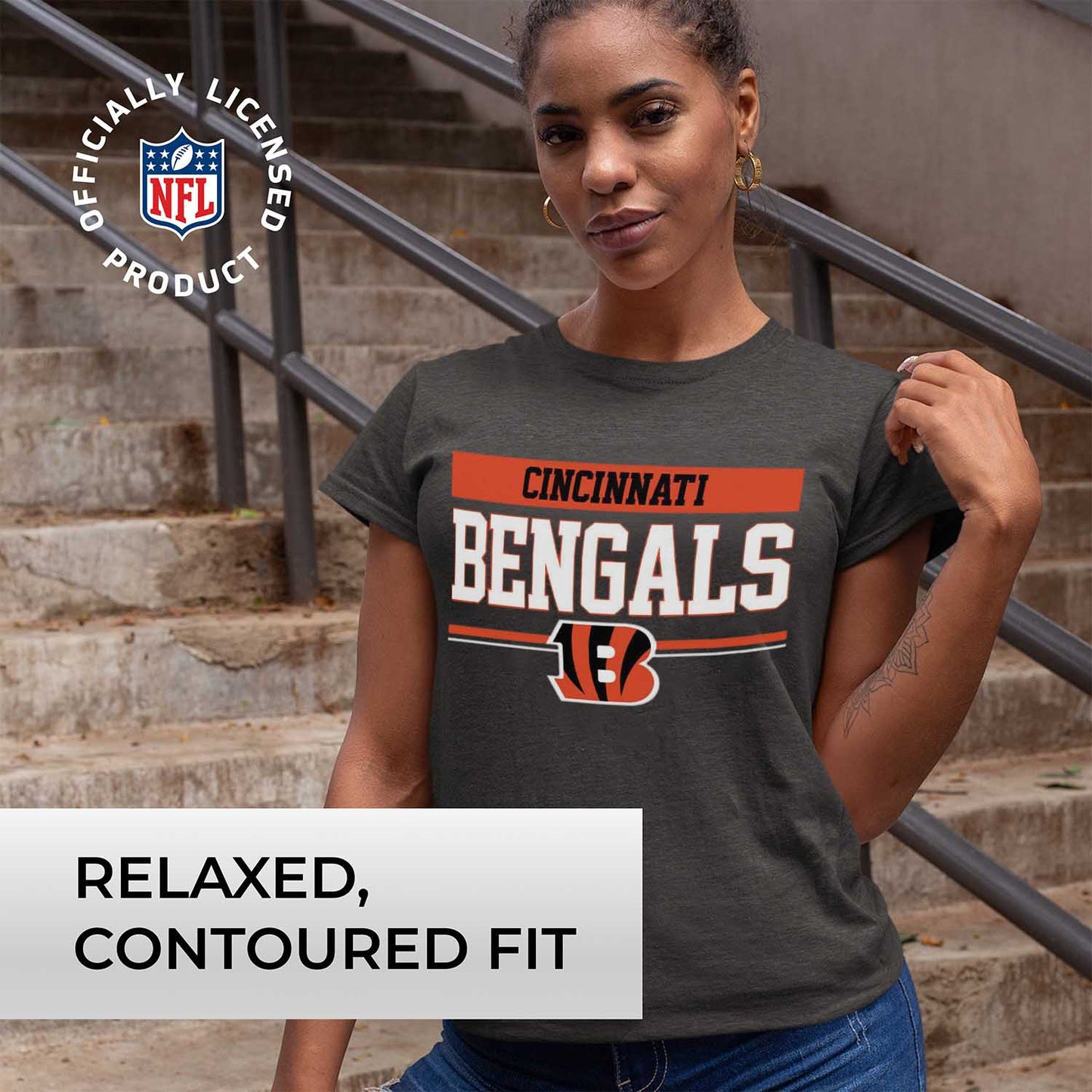 Cincinnati Bengals NFL Women's Team Block Charcoal Tagless T-Shirt - Charcoal