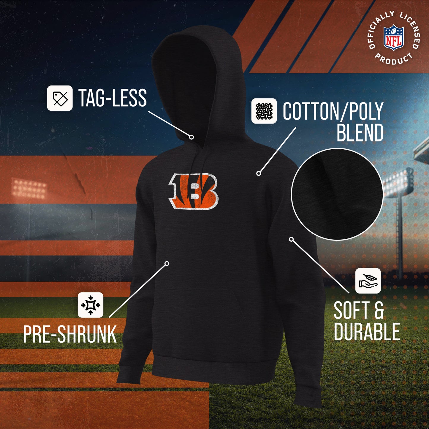 Cincinnati Bengals NFL Adult Unisex Modern Throwback Ultra Soft Fleece Hooded Sweatshirt - Black