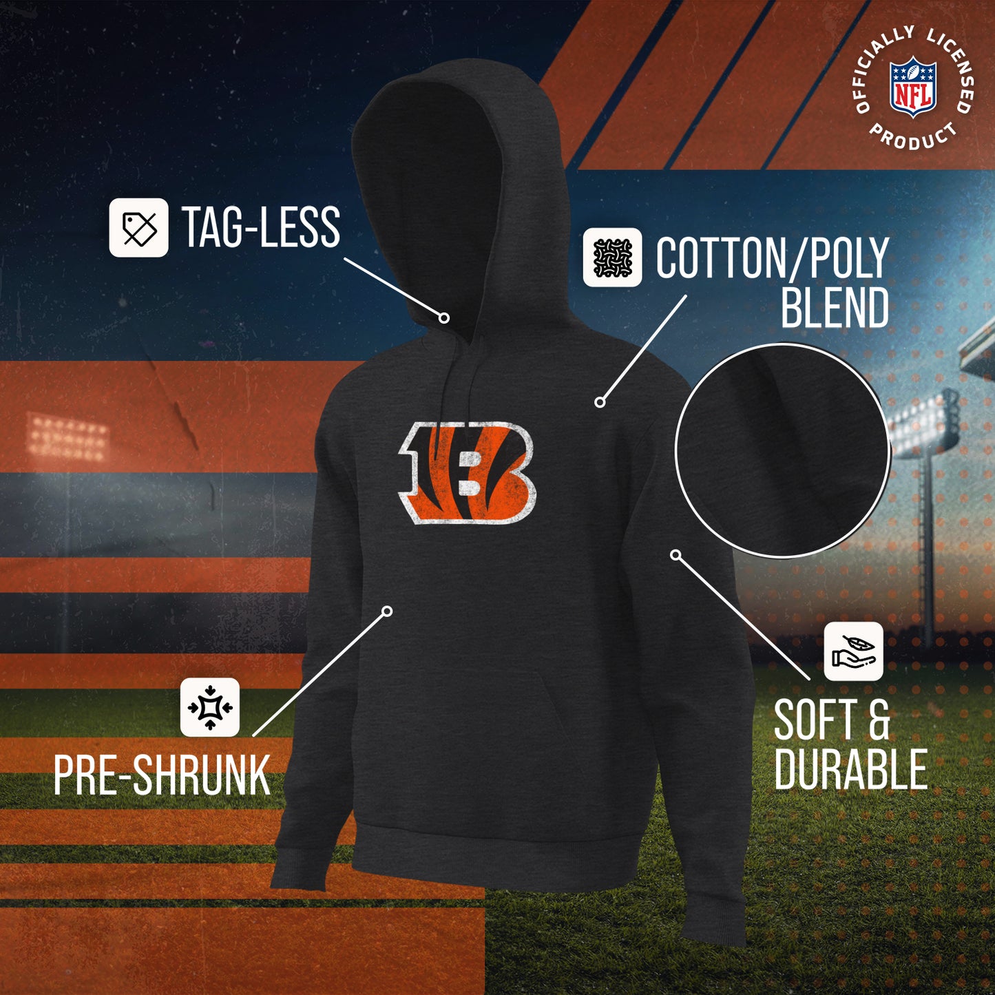 Cincinnati Bengals NFL Adult Unisex Modern Throwback Ultra Soft Fleece Hooded Sweatshirt - Black