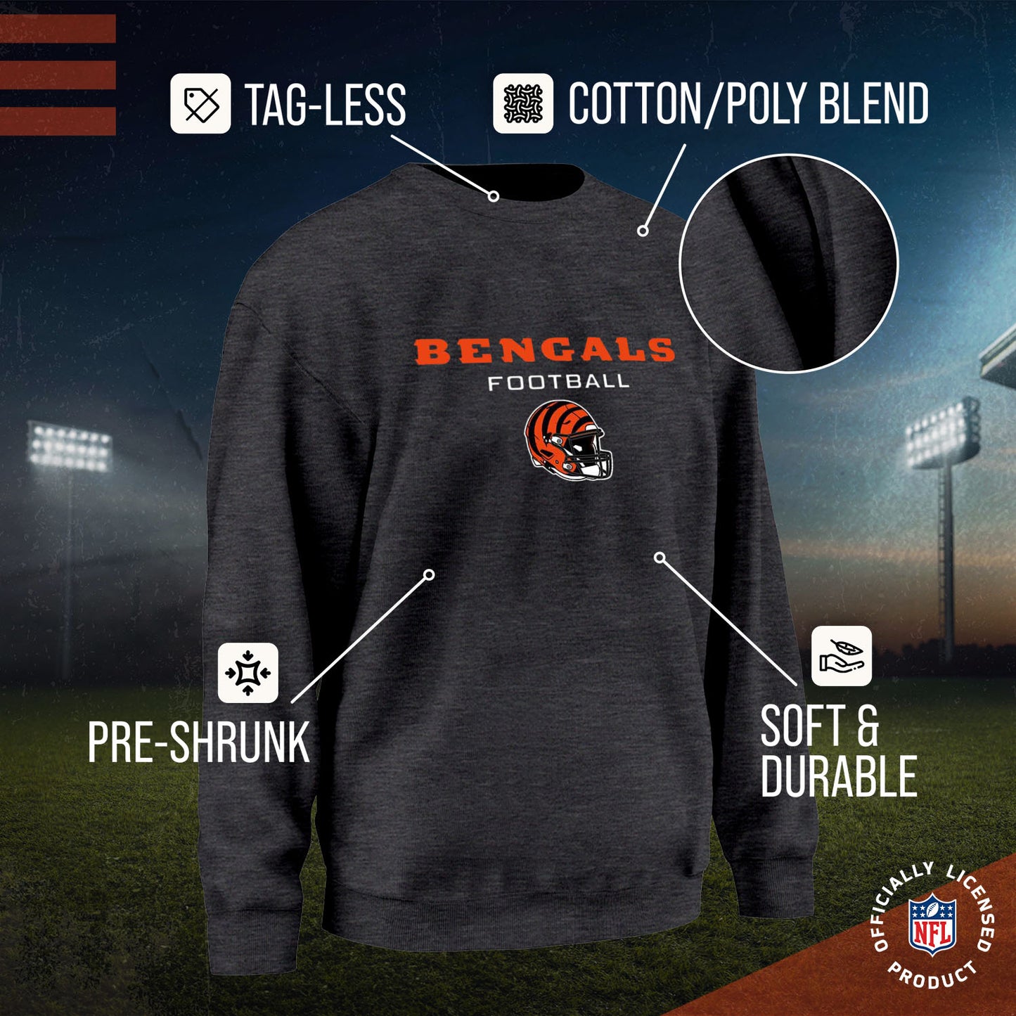 Cincinnati Bengals Adult NFL Football Helmet Heather Crewneck Sweatshirt - Charcoal