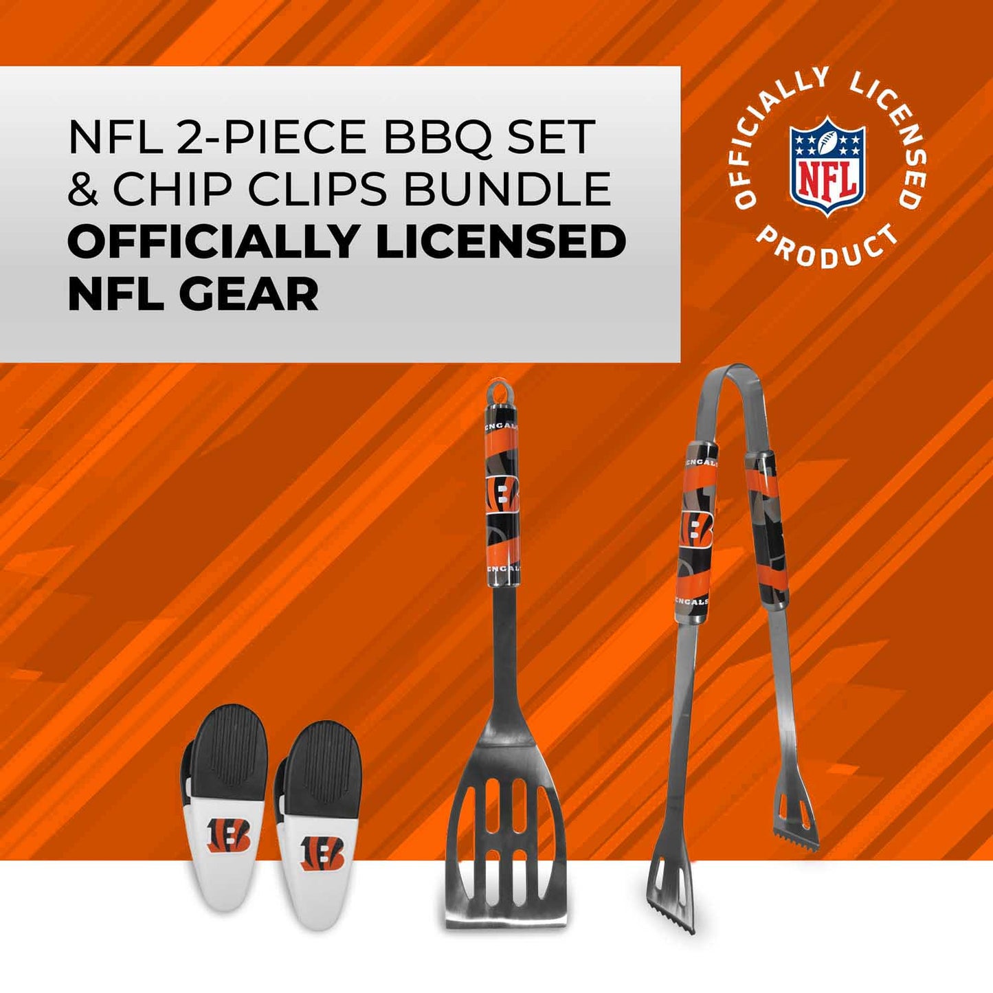 Cincinnati Bengals NFL Two Piece Grilling Tools Set with 2 Magnet Chip Clips - Chrome