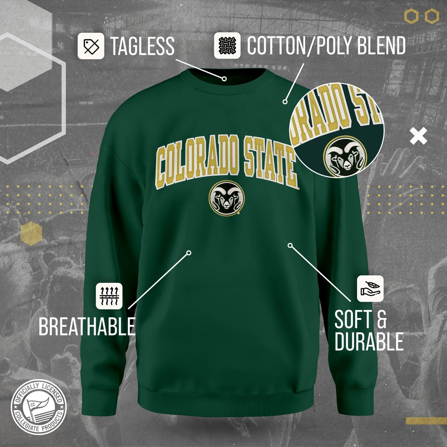 Colorado State Rams NCAA Adult Tackle Twill Crewneck Sweatshirt - Green