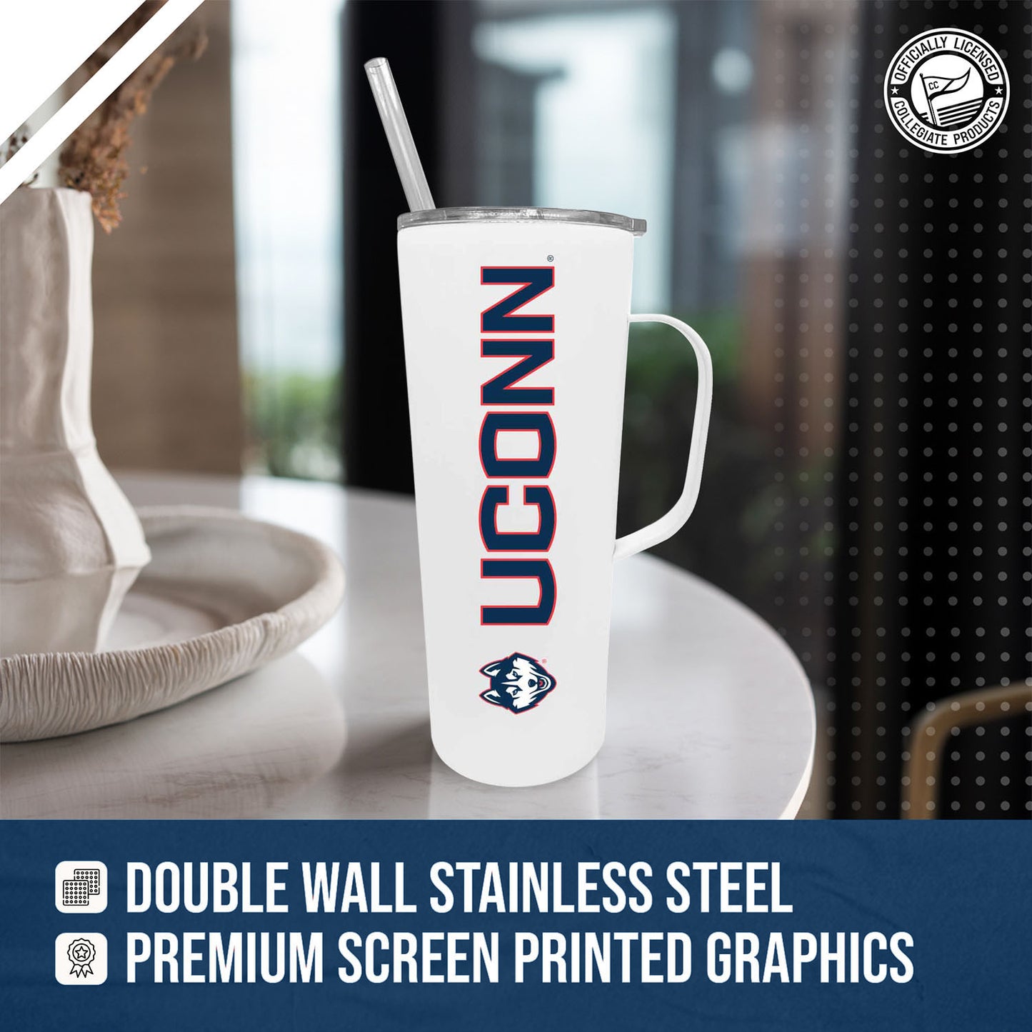 UCONN Huskies NCAA Stainless Steel 20oz Roadie With Handle & Dual Option Lid With Straw - White