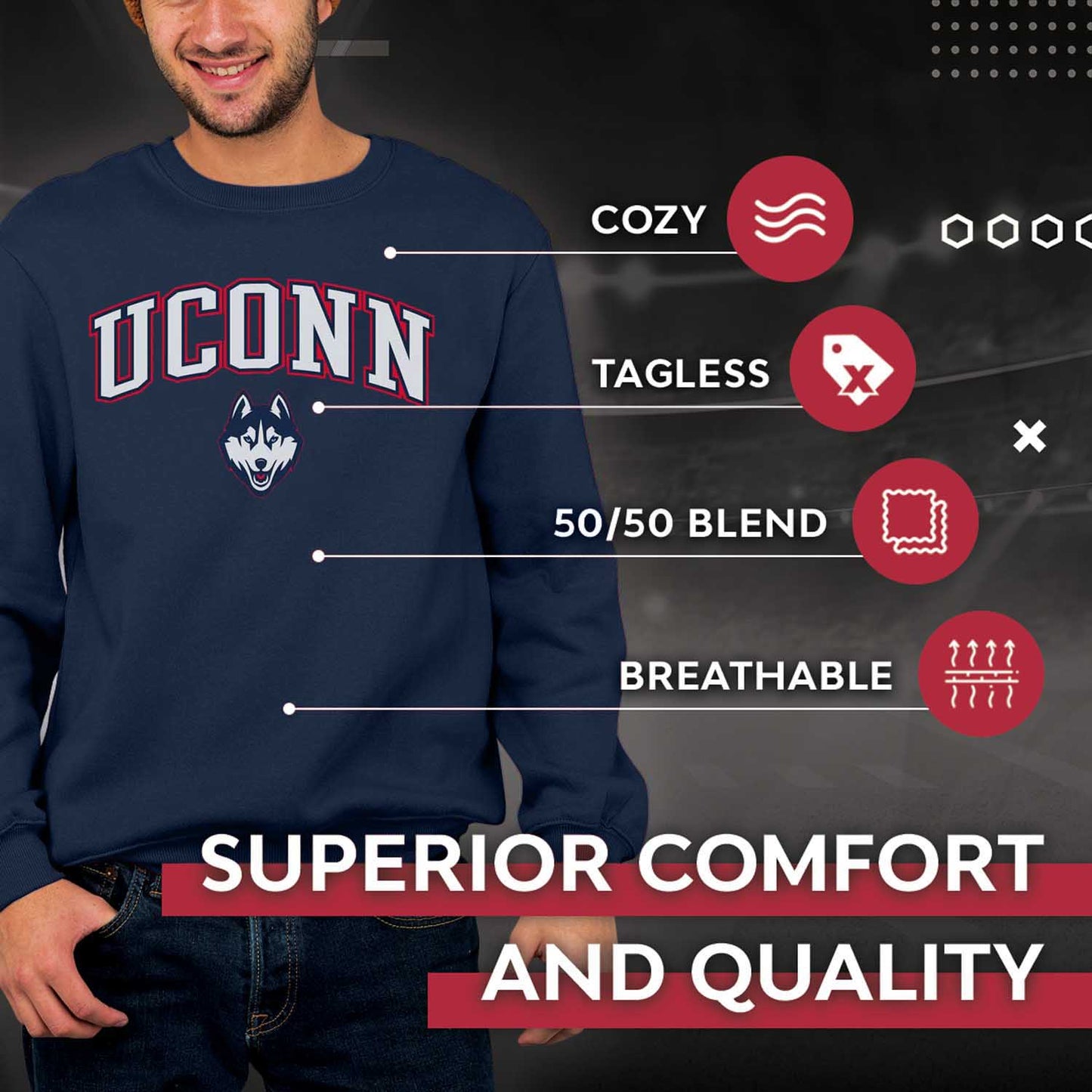 UCONN Huskies Adult Arch & Logo Soft Style Gameday Crewneck Sweatshirt - Navy