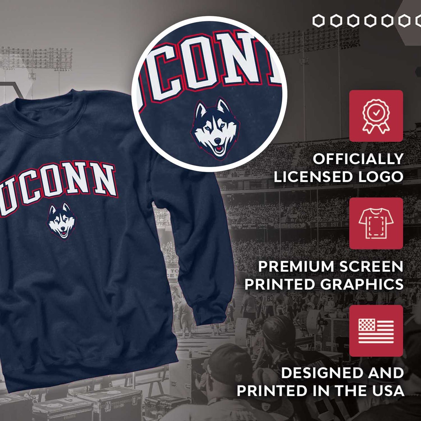 UCONN Huskies Adult Arch & Logo Soft Style Gameday Crewneck Sweatshirt - Navy